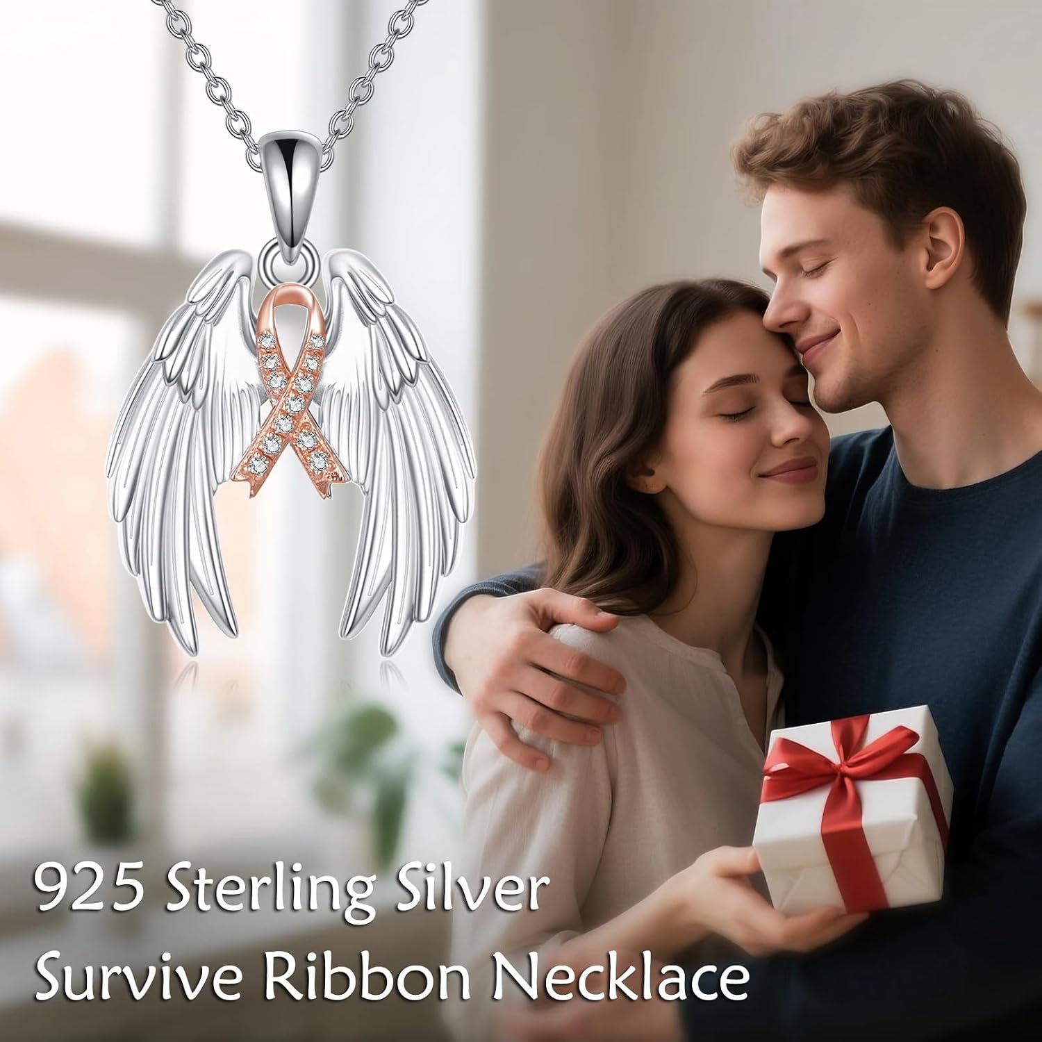 Diamond Breast Cancer Awareness Survivor Necklace 925 Sterling Silver Angel Wings Breast Cancer Survivor Pink Ribbon Pendant Necklace Jewelry Gifts for Women Post Surgery Survivor Chemo,18+2 inch