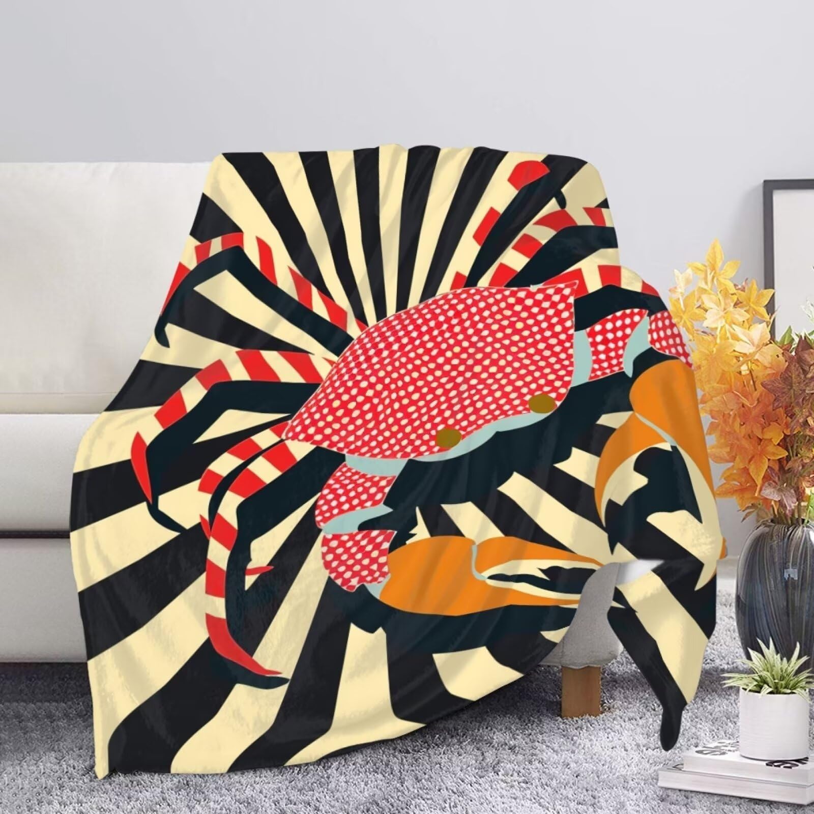 Allcute Striped Crab Blanket Print Sofa Throws for Winter Fall Throw Blanket Beige Lightweight Warm Flannel Fluffy Blankets for Couch Bed Living Room Decor — image 1
