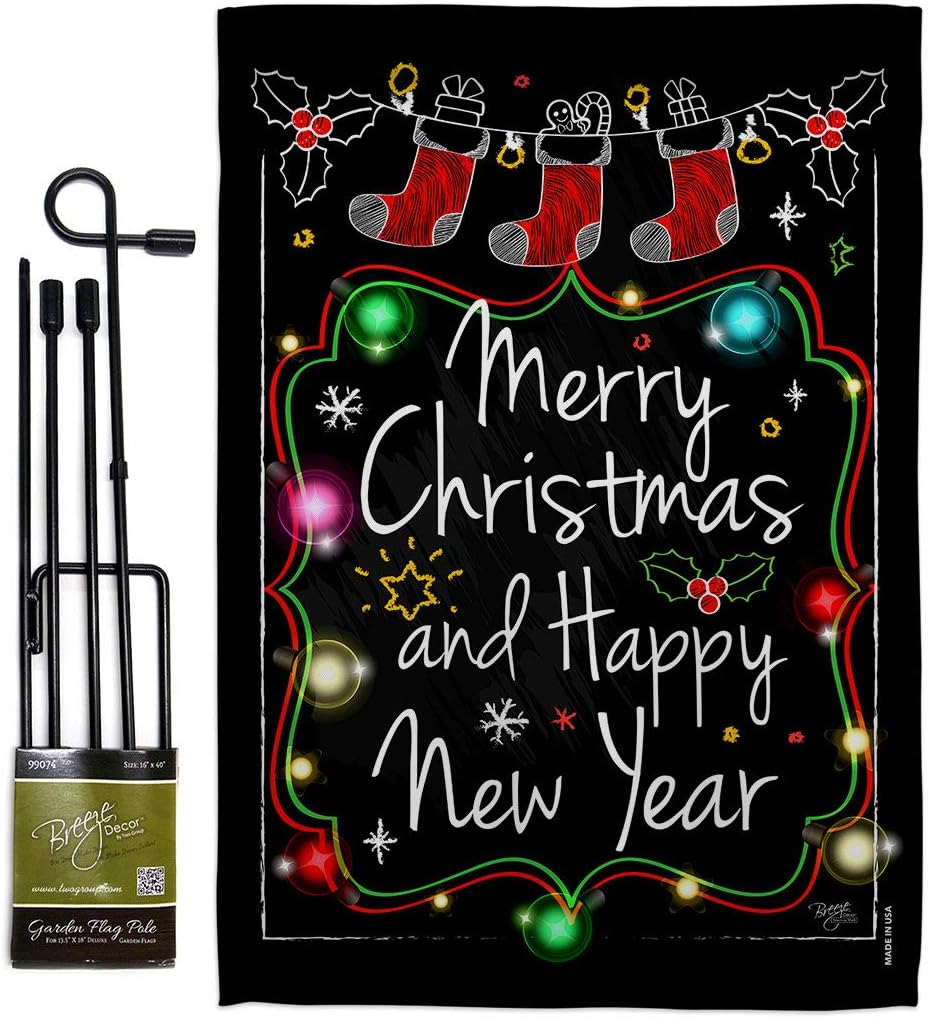 Chalkboard Merry Christmas Garden Flag Set with Stand Wintertime Santa Marry Xmas Present Reindeer Season Snow Small Decorative Gift Yard House Banner Made In USA 13 X 18.5