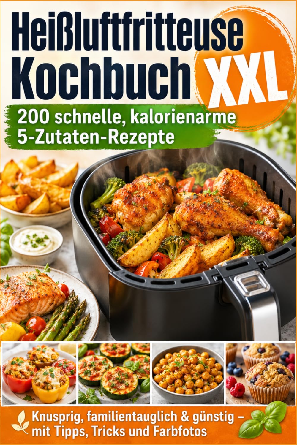 Heißluftfritteuse Kochbuch XXL 200 schnelle, kalorienarme 5-Zutaten-Rezepte: Knusprig, familientauglich & günstig – mit Tipps, Tricks und Farbfotos