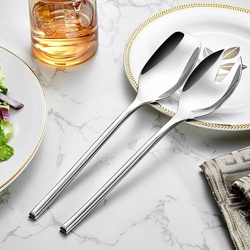 Miniatura 5 de KEAWELL Juego de ensalada prémium de 10 pulgadas, acero inoxidable 18/10, pulido con espejo, incluye cuchara y tenedor para ensalada, juego de 2