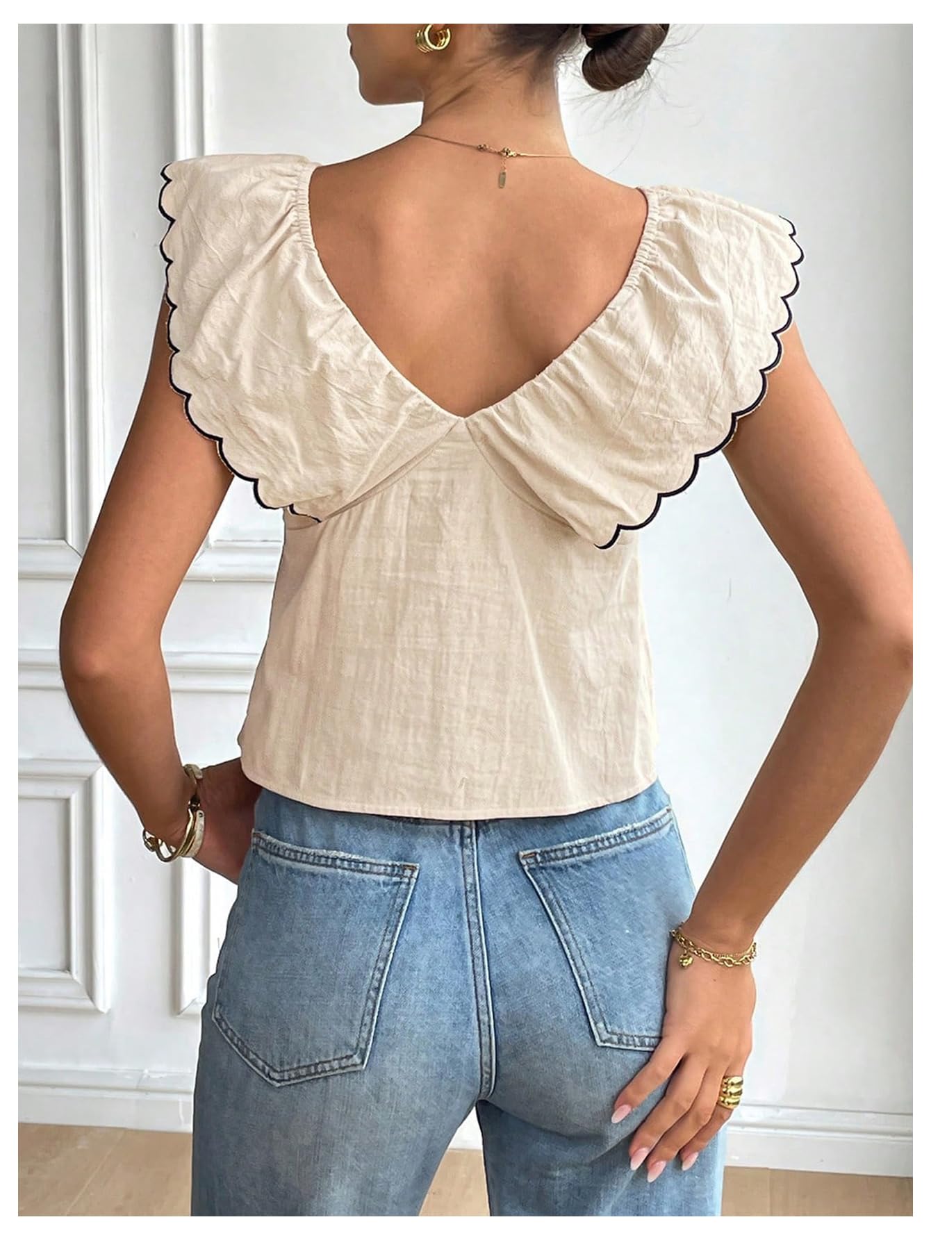 MakeMeChic Women's Bow Tie Front Sweetheart Blouse Ruffle Cap Sleeve Dressy Crop Tops