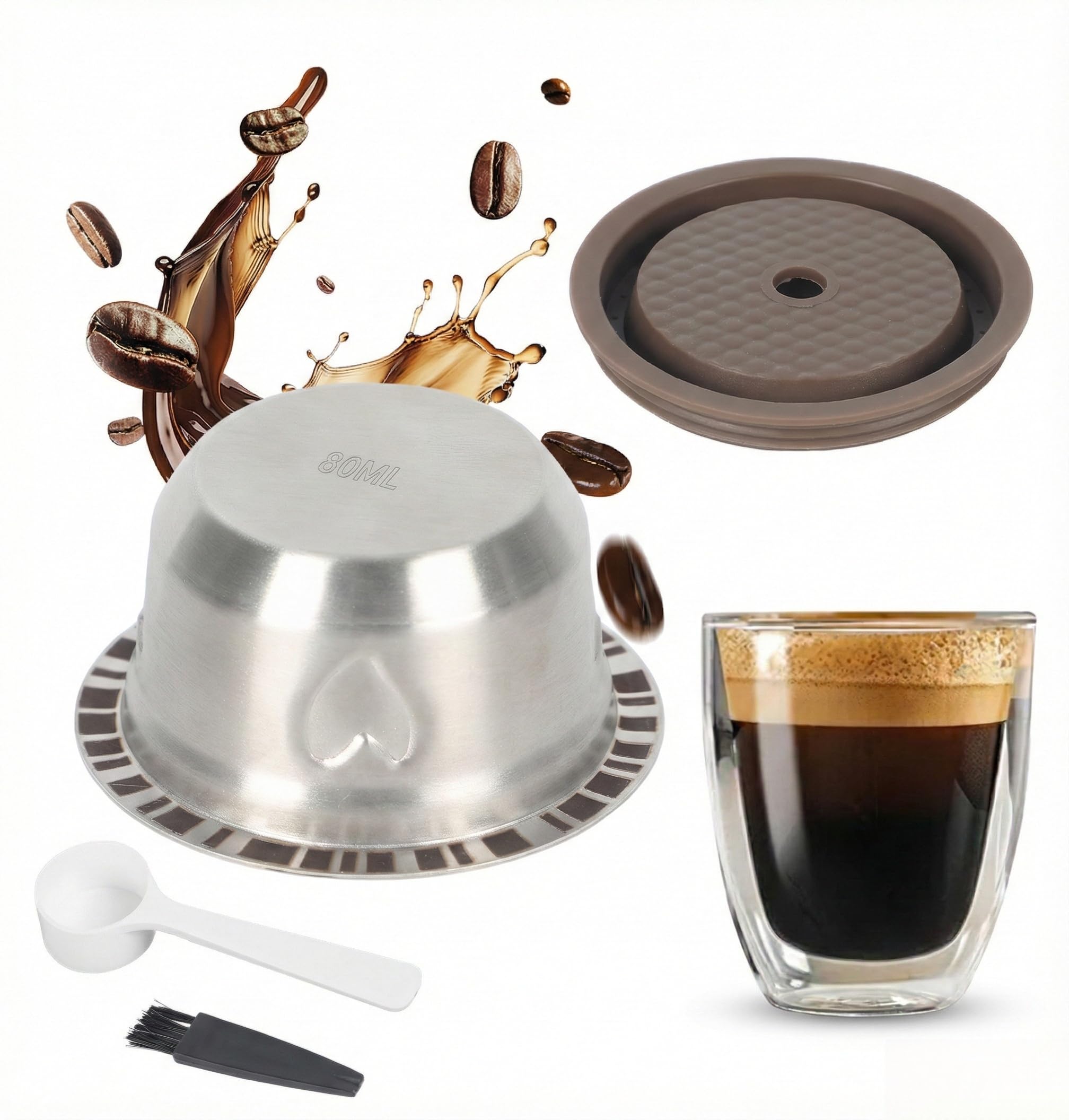 Heart Design 80ml/2.7oz Double Espresso Size - Stainless Steel Reusable Pods for Nespresso Vertuo Pop & Next - Silicone Lid Kit Compatible & Cute Coffee Gift