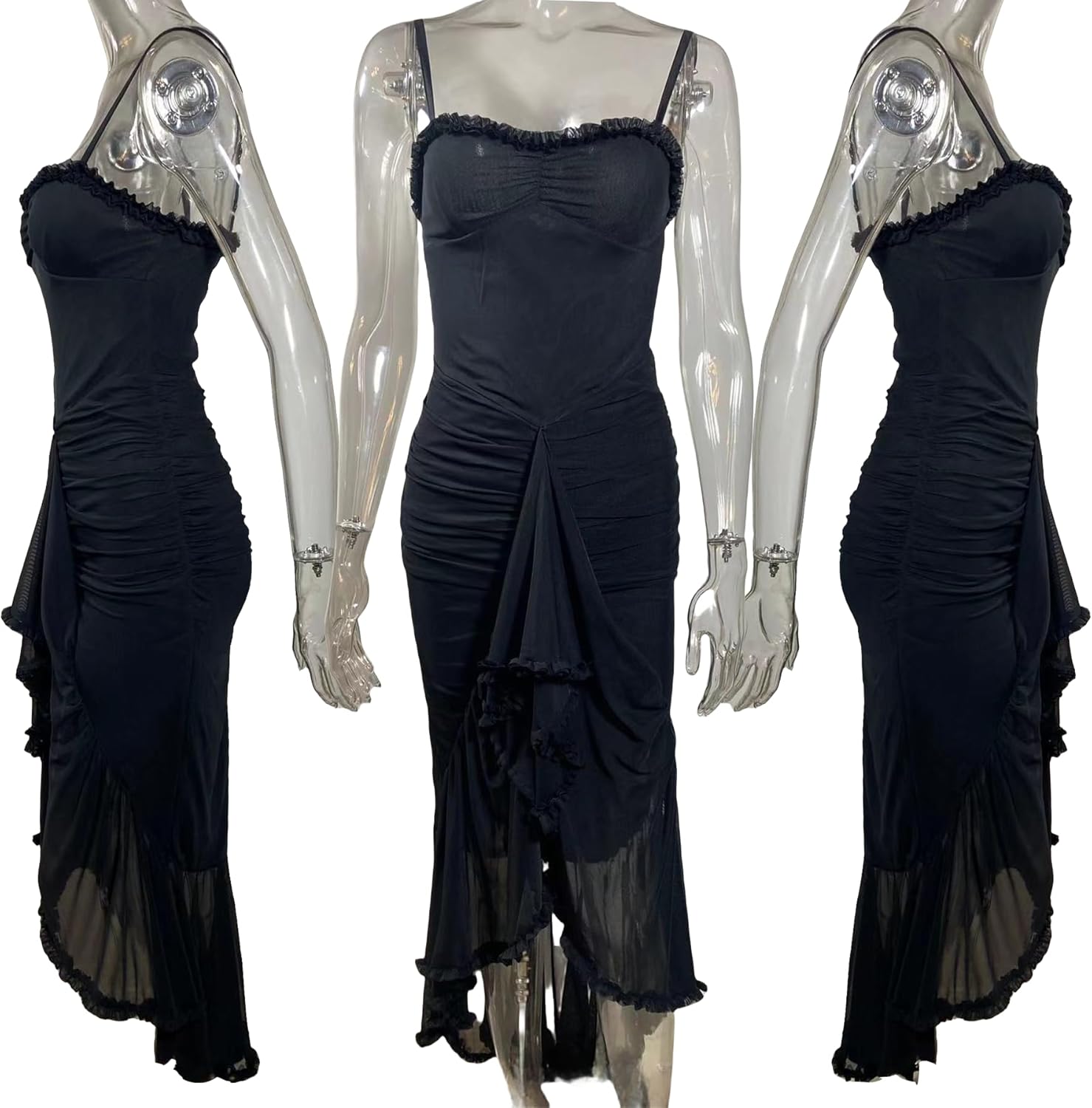 NRTHYE Women Elegant Irregular Ruffles Hem Maxi Dress Mesh Ruched Sleeveless Backless Pleated Long Party Club Dresses - Image 6