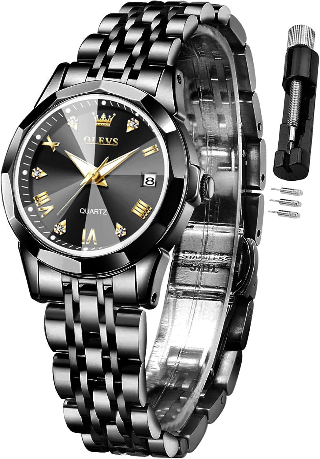 Womens Watch Fashion Dress Diamond Female Watches for Ladies Analog Quartz Stainless Steel Waterproof Luminous Day Date Two Tone Wristwatch