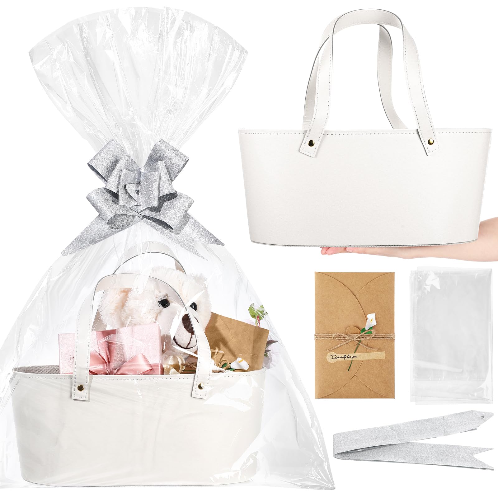 Wonderjune Empty Gifts Baskets Valentines Day Gift Basket with Leather Gift Bags Ribbons Greeting Cards New Year Empty Baskets with Handles for Lover