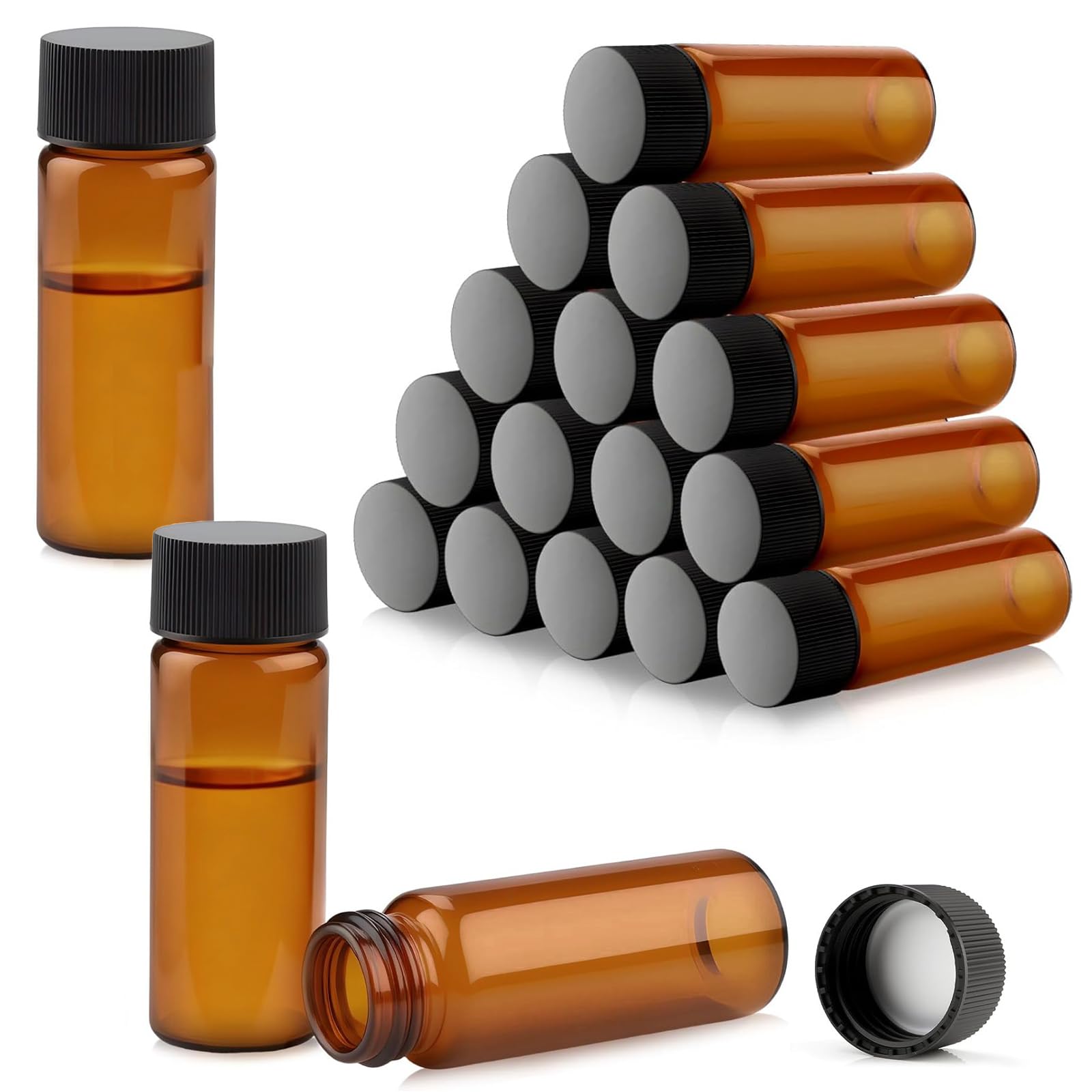 20 Pezzi Bottiglie in Vetro Ambrato da 10ml con Tappo a Vite Nero, Flaconi Piccoli per Oli Essenziali, Liquidi e Campioncini, Boccette Ermetiche per Laboratorio e Viaggio, 18x65mm