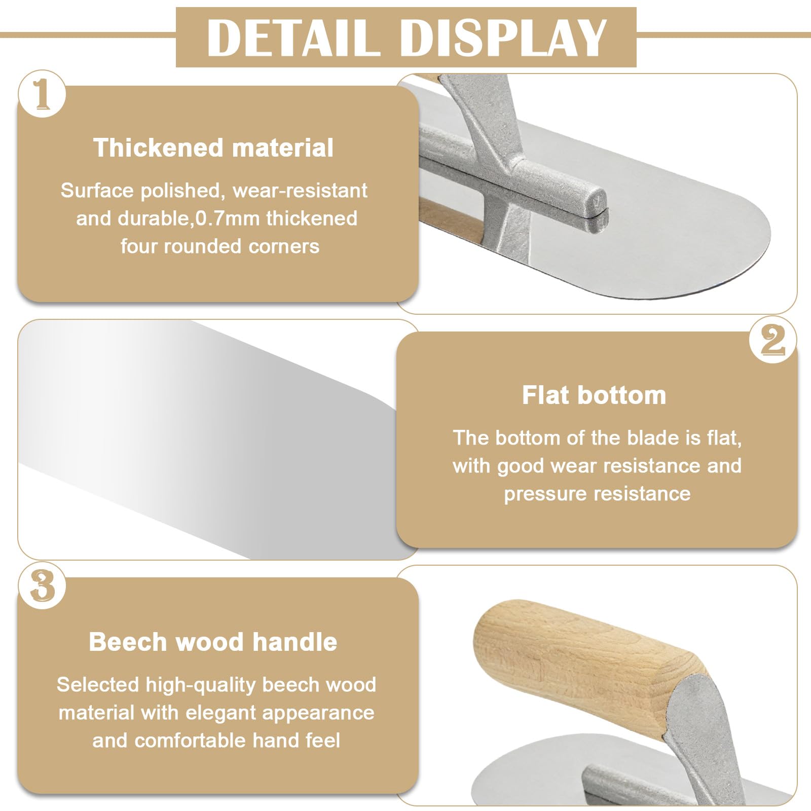 Ensemble de 3 truelles de lissage, truelles à plâtrer, acier inoxydable avec manche en bois, truelle de lissage surface plâtrer, outil de plâtrage pour la finition des murs et des sols