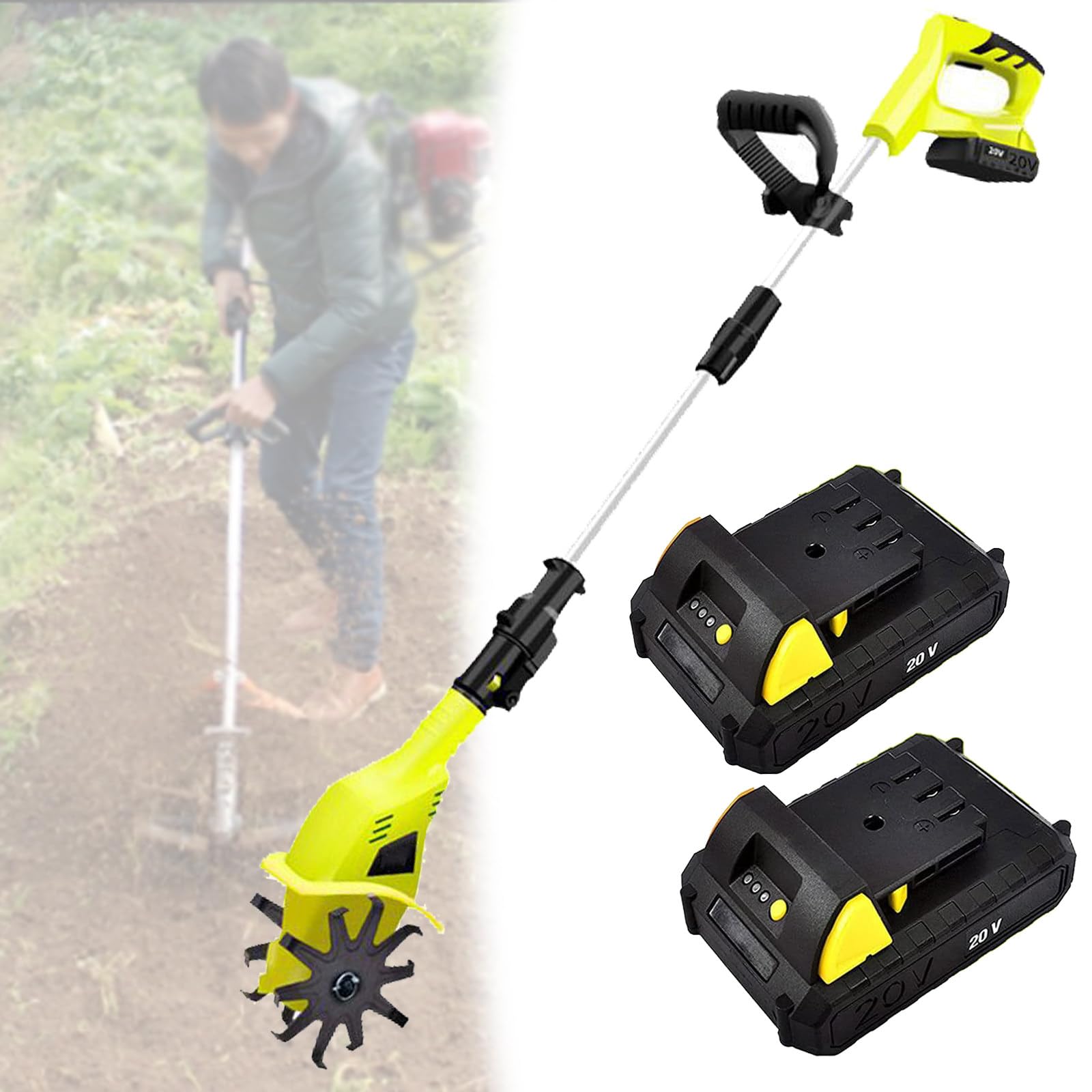 Motoazada de jardín eléctrica de 250 RPM - Rotavator de jardín inalámbrico con 2 Cuchillas de Acero, cultivador de Suelo con batería de 2 x 12 Ah para césped/jardinería/Cultivo de Suelo