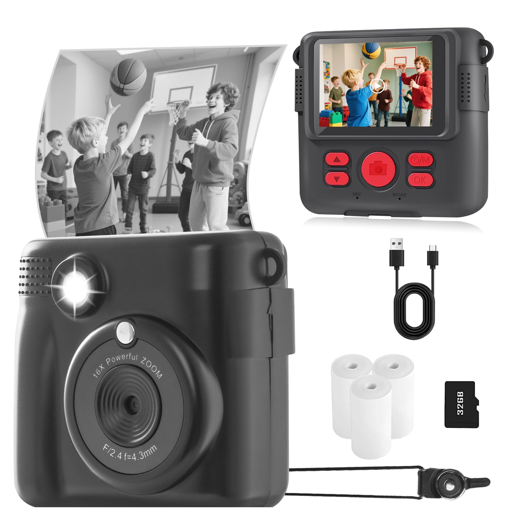 Kids Camera Instant Print, Safe Toddler Camera, 2.4 Inch Screen, 1080P with 16X Zoom, 32GB TF Card for 4 5 6 7 8 9 10 Year Old Girl & Boy Birthday