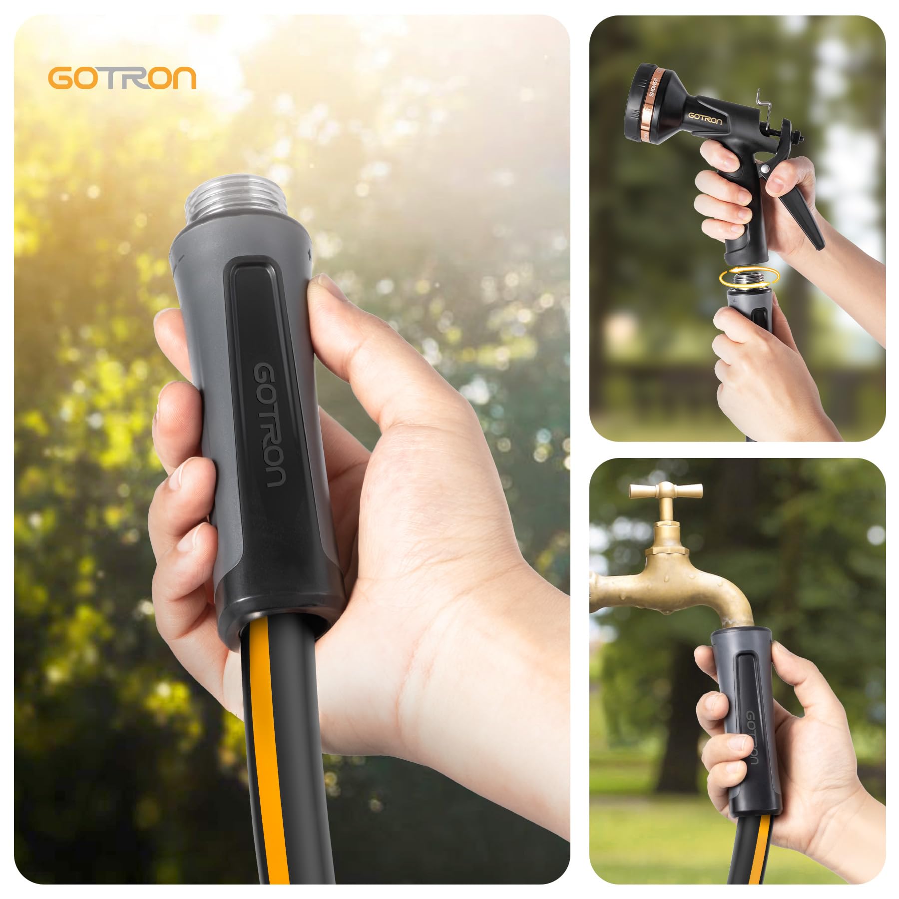 Gotron Manguera de jardín de 50 pies, manguera de agua giratoria resistente, sin torceduras, flexible y potable, con 9 boquillas de función para caravana, exterior, patio, césped, 50 pies x 5/8