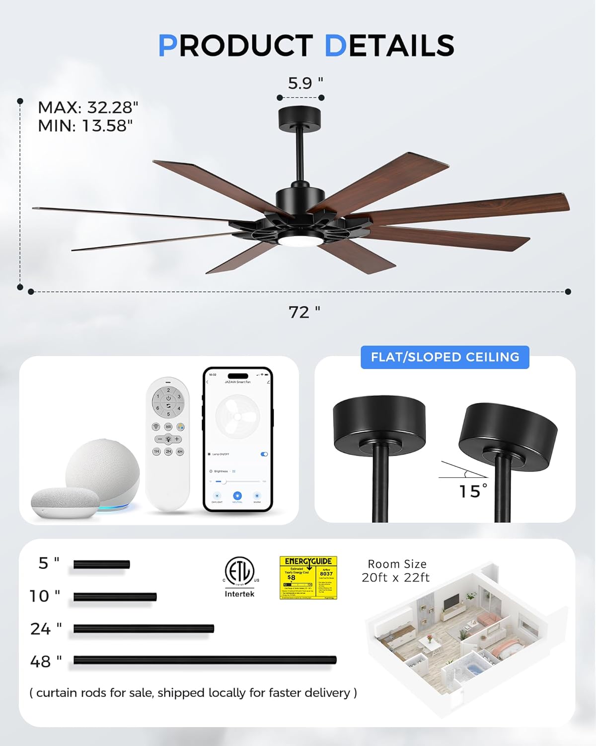 72 Inch Ceiling Fan with Light,Smart Ceiling Fan with Alexa Control,Large Black Indoor Outdoor Ceiling Fan,Modern Quiet Fan with Dual Finish 8 Blades for Living Room,Patio, ZCCF05BK-72