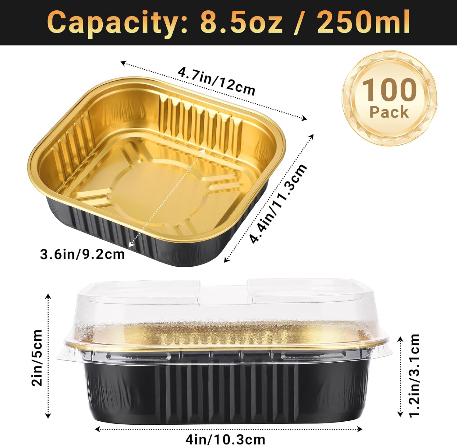Beasea Aluminum Foil Ramekin Cups With Lids, 100 Pack 8.5oz 250ml 4 Inch Mini Disposable Square Foil Ramekins Aluminum Oven Baking Brownie Cupcake Cup Tins for Party - Black Gold