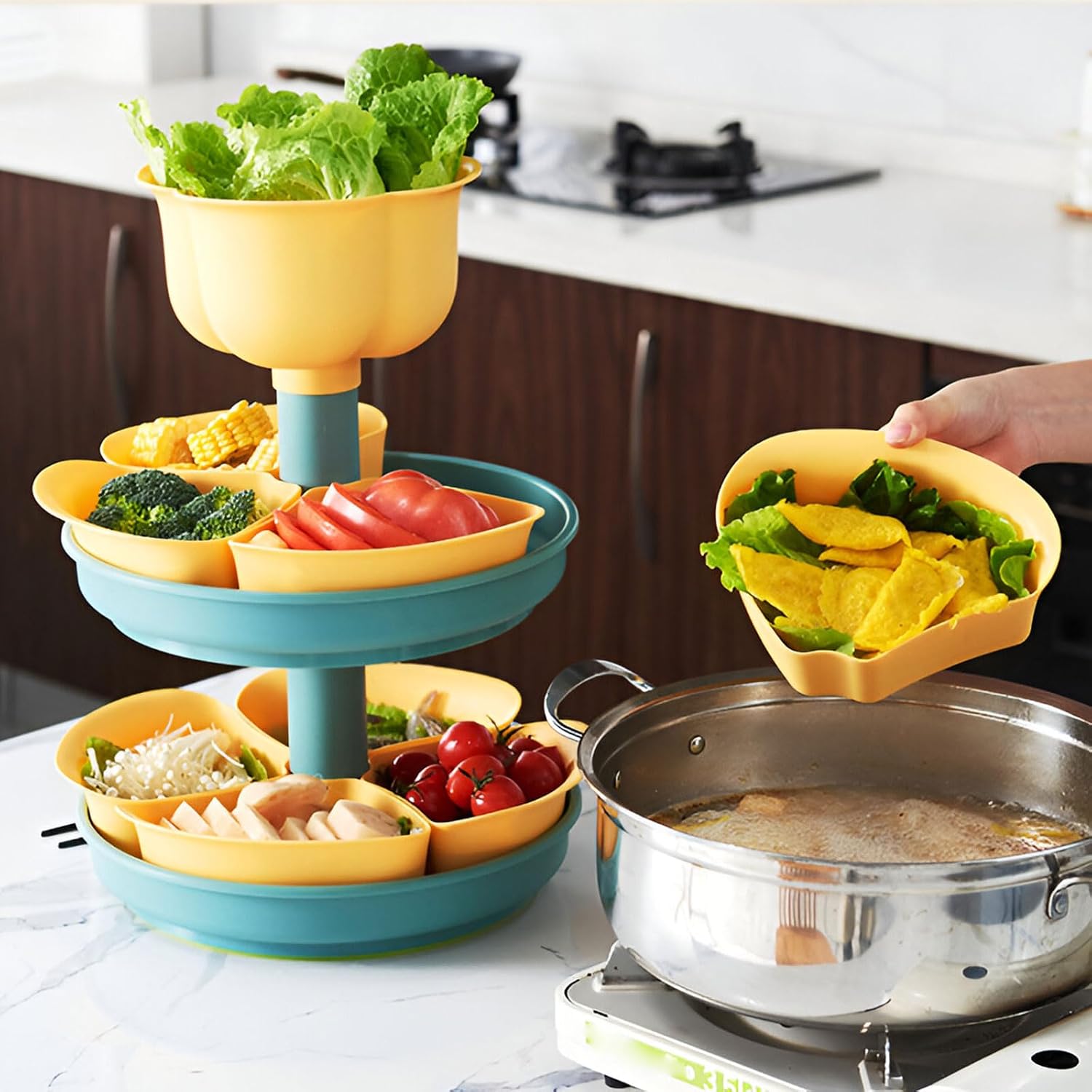 AIZYR Rotatable Vegetable Draining Basket, Divided Hot Pot Platter Seafood Tower Serving Tray Food Rack for Fruits and Vegetables