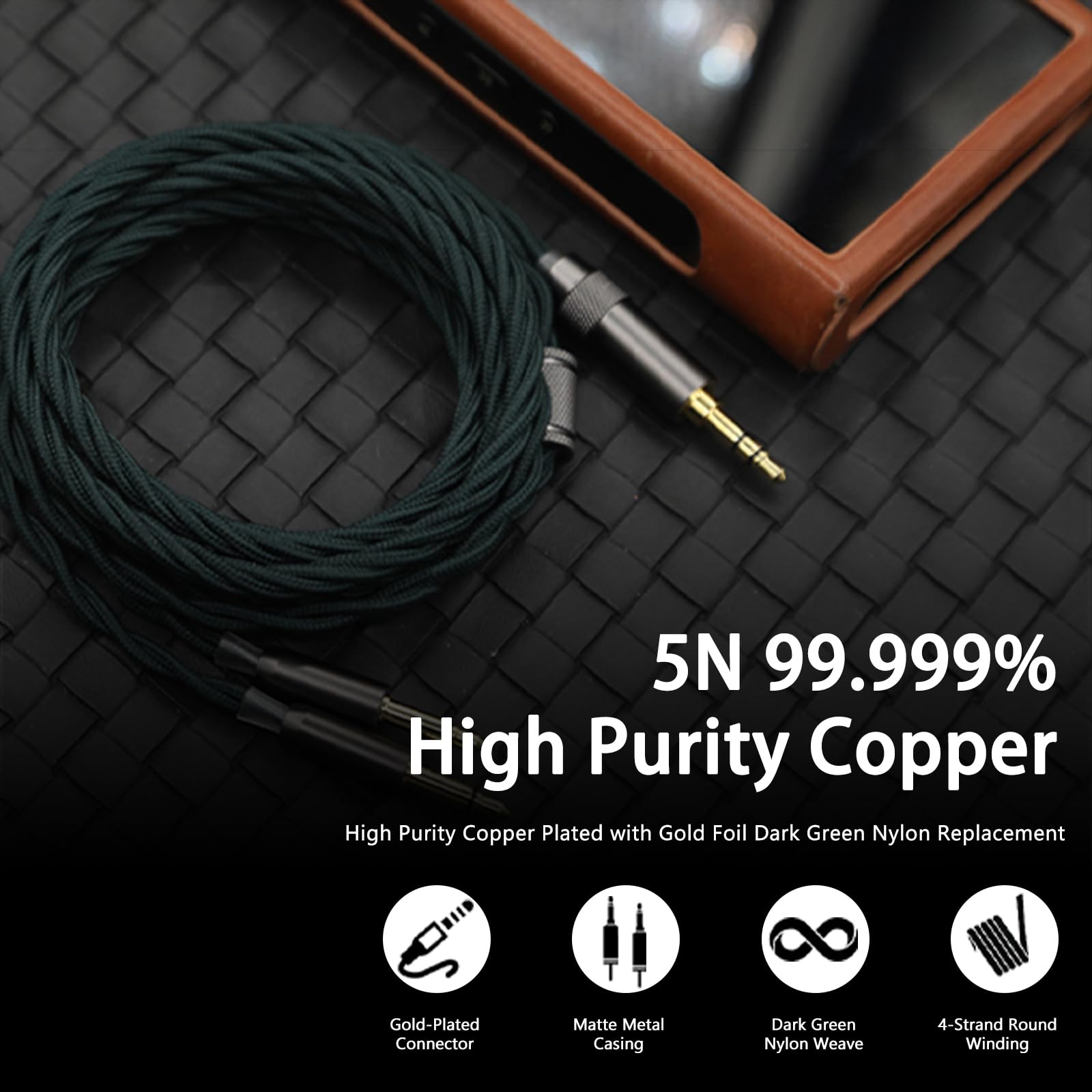 Quad-Strand - Cable de actualización de auriculares trenzado circular de nailon verde oscuro (202512002-1)