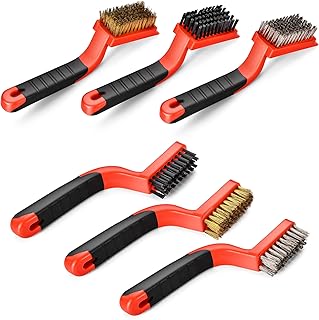 TILAX Wire Brush for Cleaning, 6-Pack Ergonomic Rubber Grip Nylon Brass Stainless Steel Metal Brush, Welding Brush for Rus...