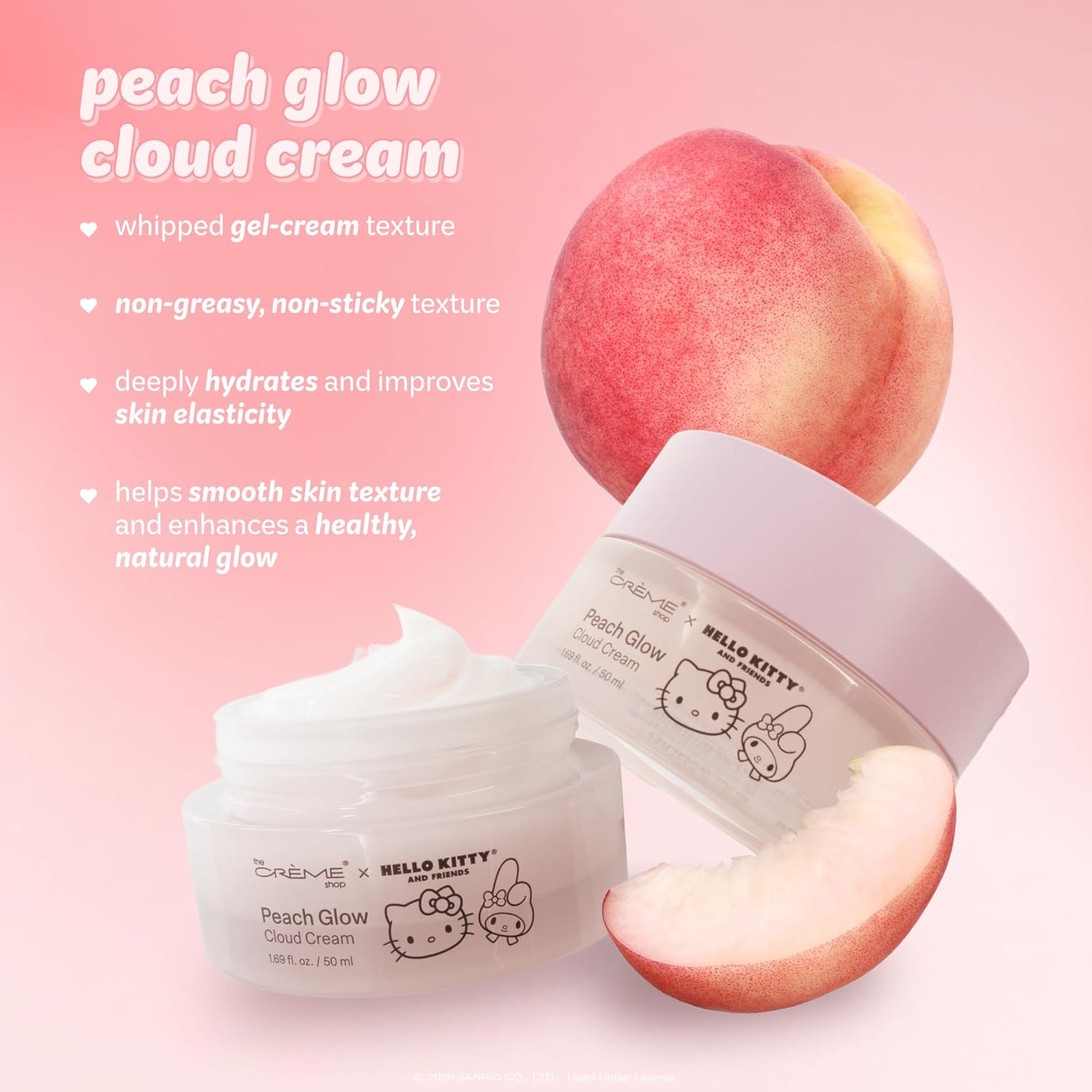 The Crème Shop x Hello Kitty and Friends Peach Glow Cloud Cream, Hydrating Face Moisturizer with Korean Peach Extract and Hyaluronic Acid, Korean Skincare (1.69 oz)