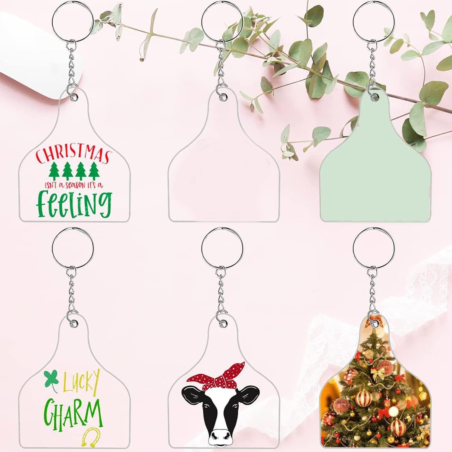 Keychain Cow Ear Tag Acrylic Ornament Blanks for Key Rings with Chain Jump Rings