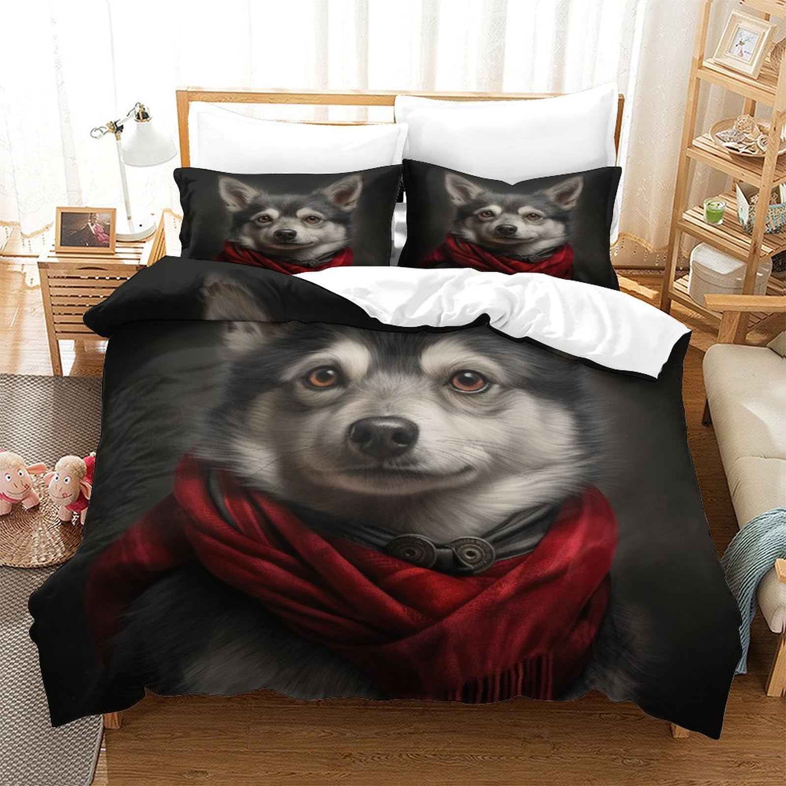 P1S9U7W5Y Adorable Dog Portrait 3D Printed 3 Piece Microfiber Duvet Cover Set for Adults Bedroom Decor Pet Dog Bedding Set Soft Breathable King（220x240cm）