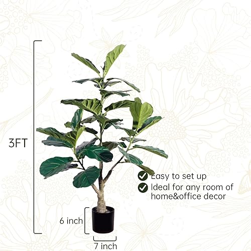 Miniatura 3 de Árbol de higuera artificial de hoja de violín de 36 pulgadas, planta de ficus lyrata falsa, árbol artificial de 3 pies en maceta para interiores y