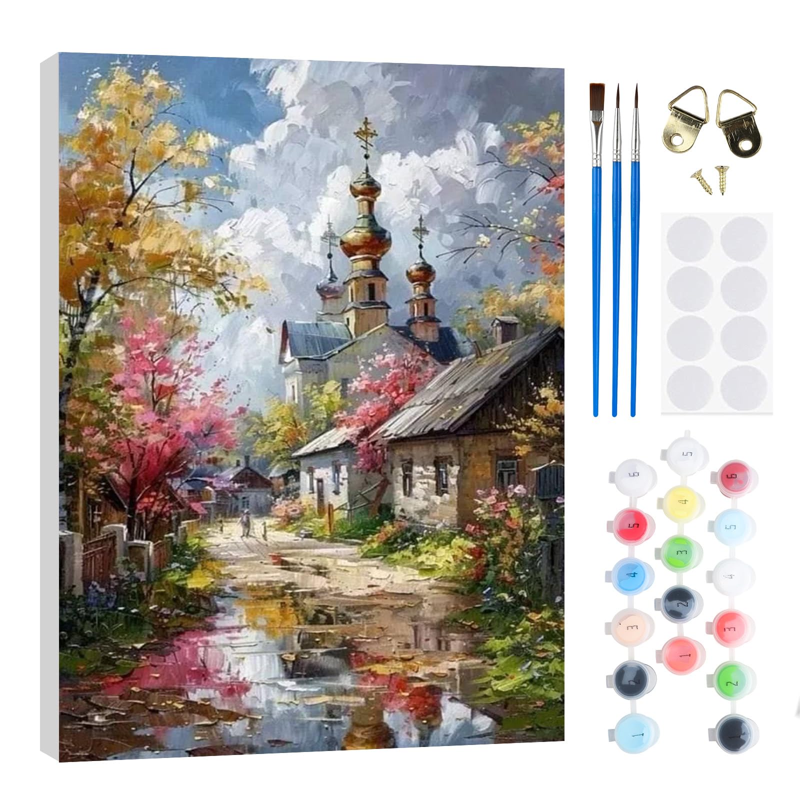 RICUVED Church Paint by Numbers Kits Adults, Landscape Painting by Number Kits On Canvas,Framed DIY Color Oil Painting Acrylic Paints,Home Wall Decor 20x30cm