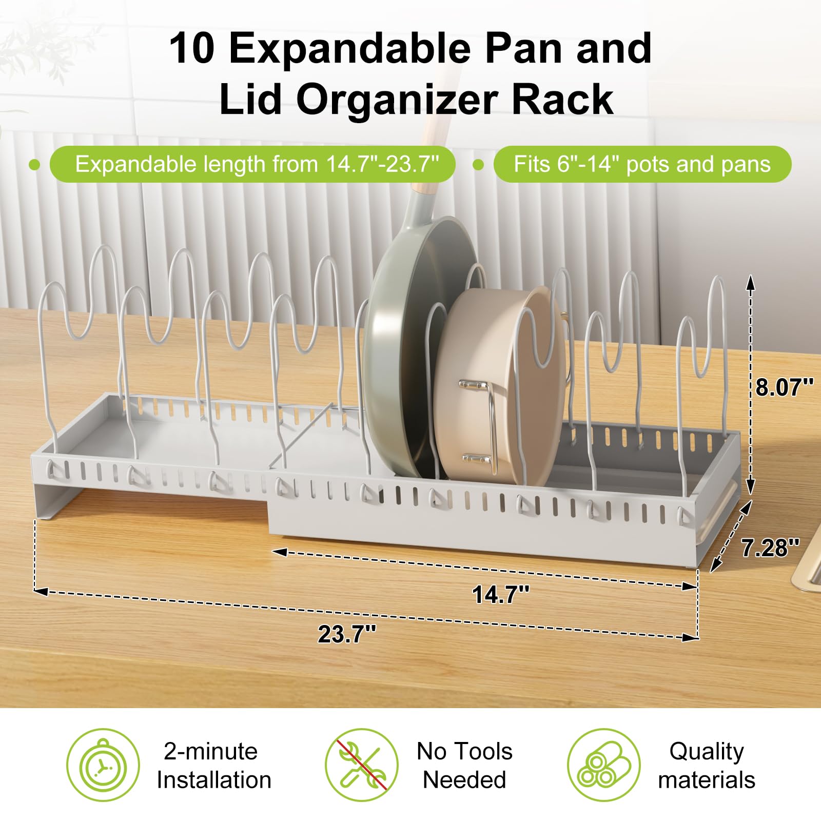 Organizador de ollas y sartenes debajo del gabinete con tabla de drenaje, organizador de tapa de olla expandible con 10 compartimentos ajustables, estante para tabla de cortar, sartén