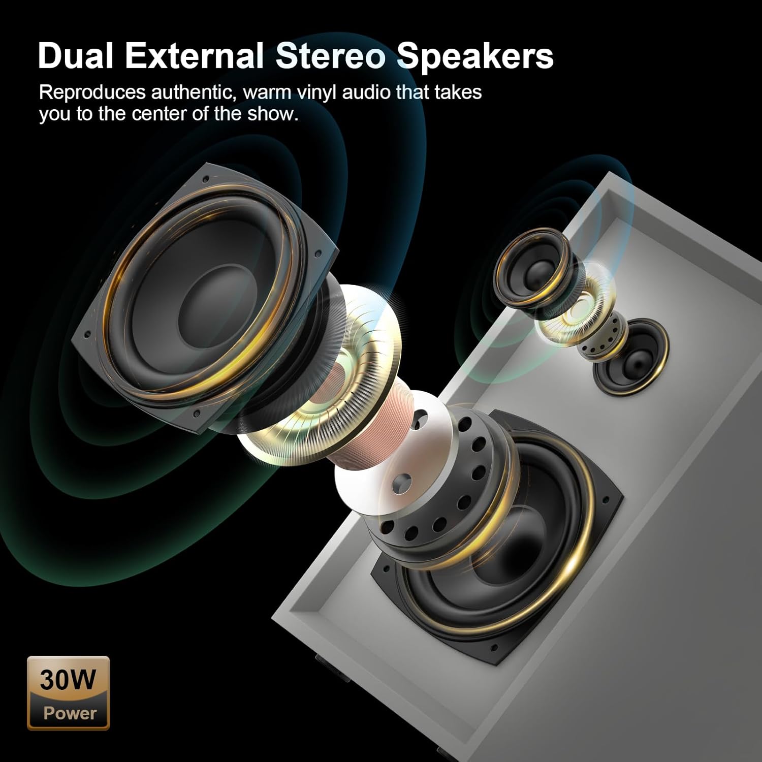 Record Player with External Speakers – Vintage Bluetooth Turntables for Vinyl Records, 3 Speed Belt Drive Vinyl Player with Dual Stereo Speakers, PC Encoding, RCA/AUX/Headphone, in White