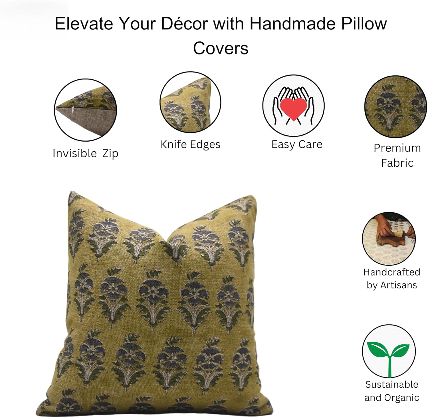 Pillow Covers Handmade Block Print Thick Linen 22x22 Inch Throw Vintage Pillowcase Cushion Cover with Zipper for Sofa, Couch and Bed, Living Room, Indoor, Outdoor (Mormukut-Green)