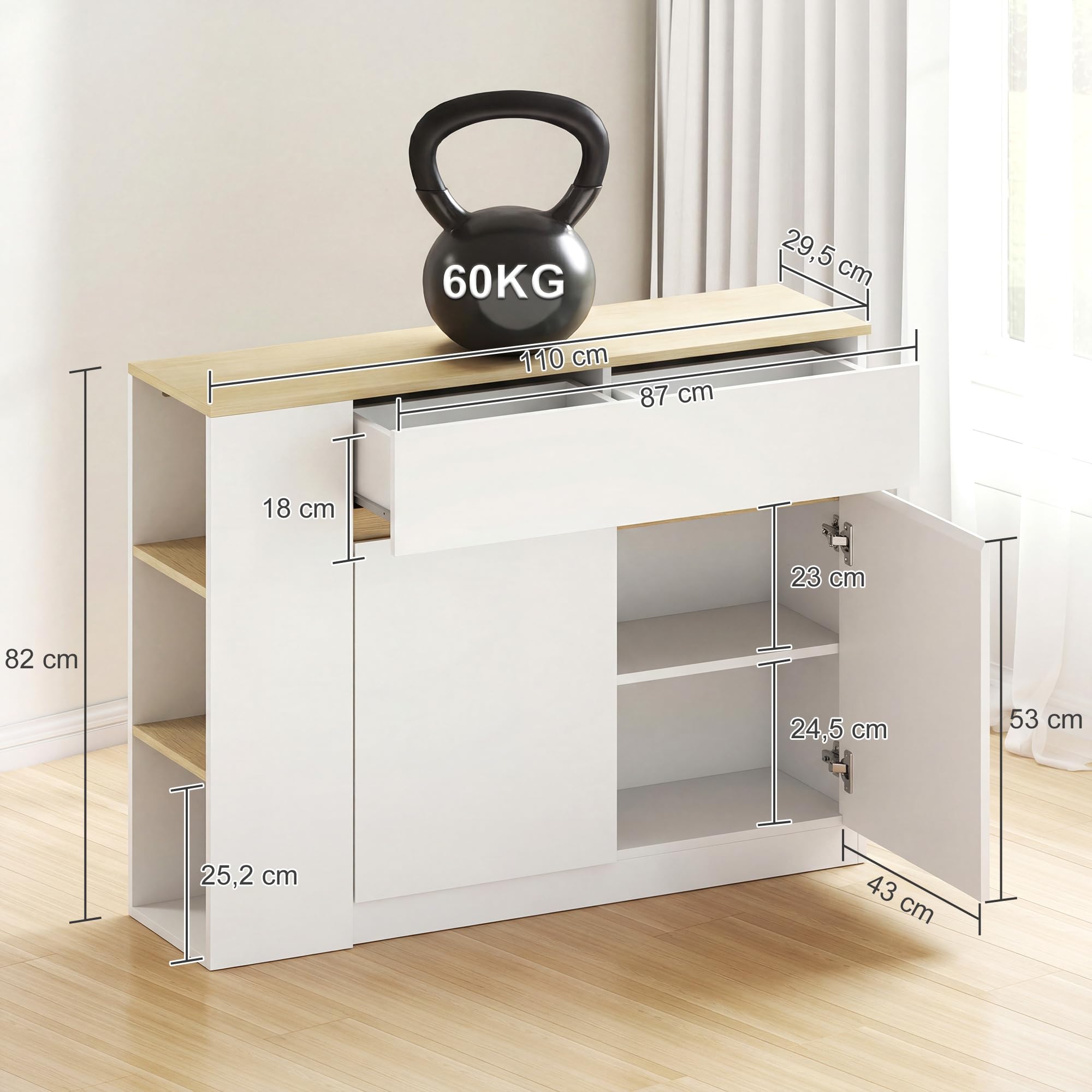 HOMCOM Buffet, Meuble de Rangement, avec Placard 2 Portes, étagère réglable, 2 tiroirs, 3 étagères Ouvertes, 110 x 29,5 x 82 cm, pour Salle à Manger, Salon, Cuisine, Blanc