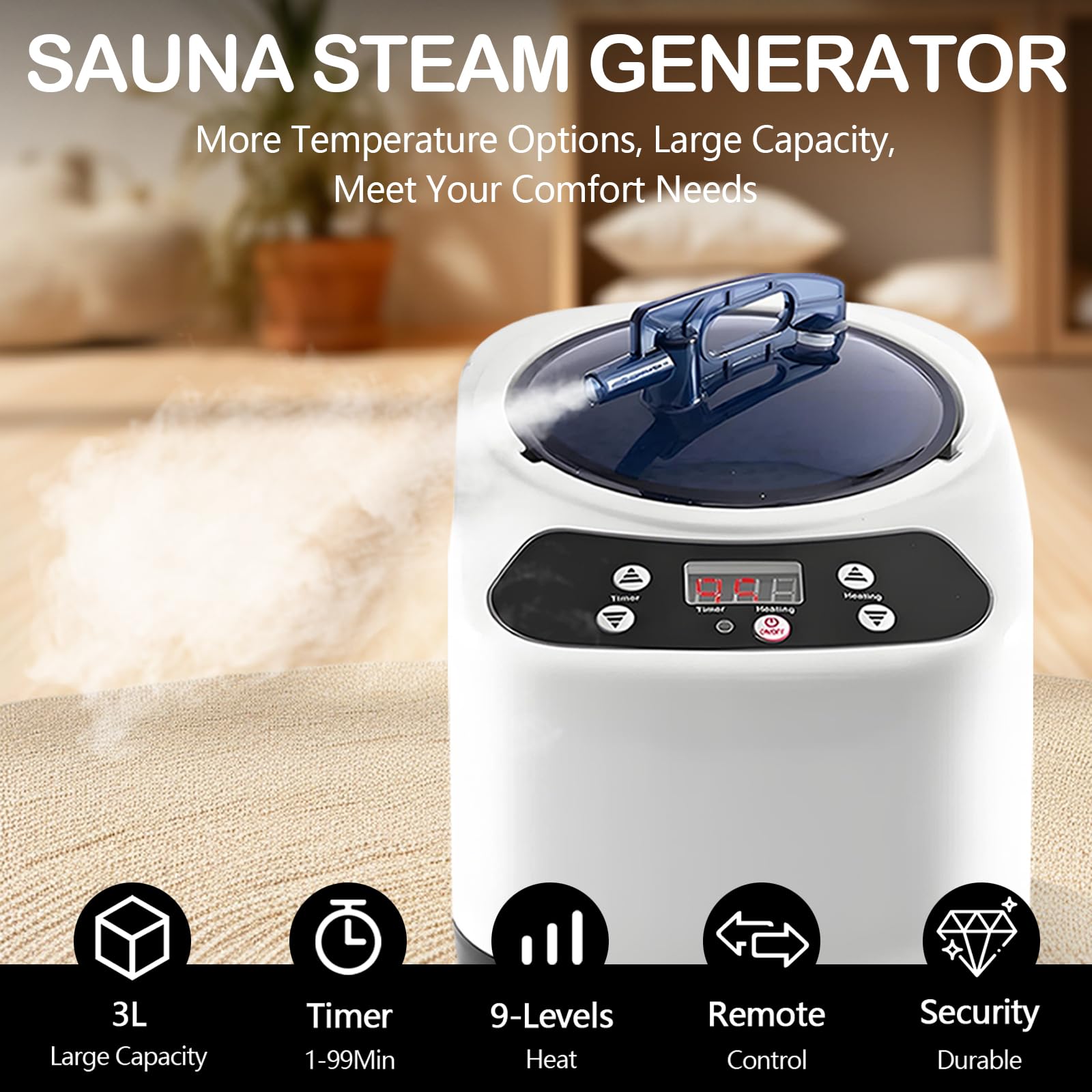 Vaporizador Portátil para Sauna, 1200W Generador de Vapor para Sauna con Mando a Distancia, 3L Generador de Vapor Hogar de Acero Inoxidable, Máquina de Fumigación para Ducha, Baño, Spa