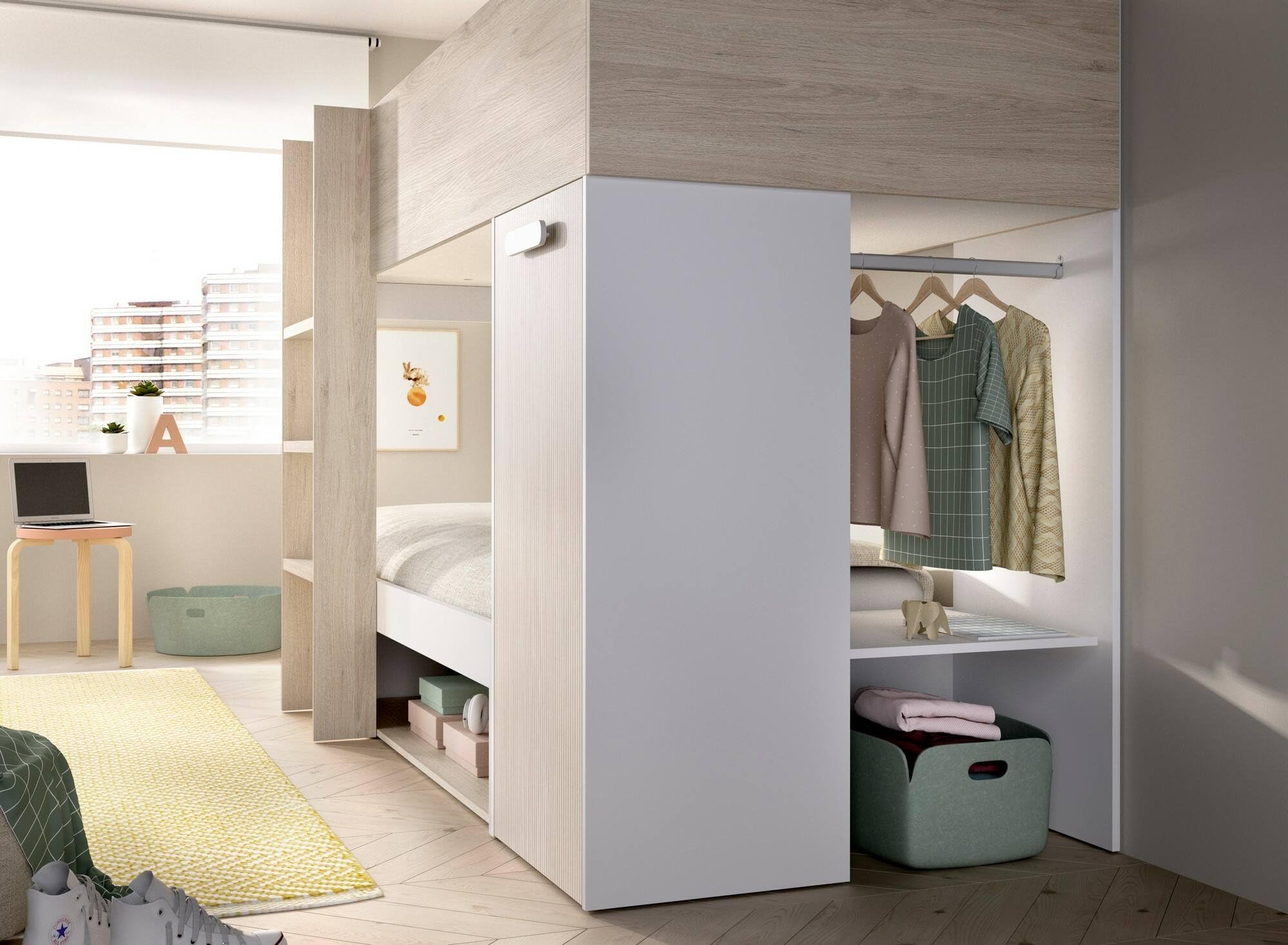 Dmora - Composizione camera da letto Focalone, Stanza da letto completa, Cameretta per bambini, Set per arredo a ponte, 246x112 h150 cm, Bianco e Rovere