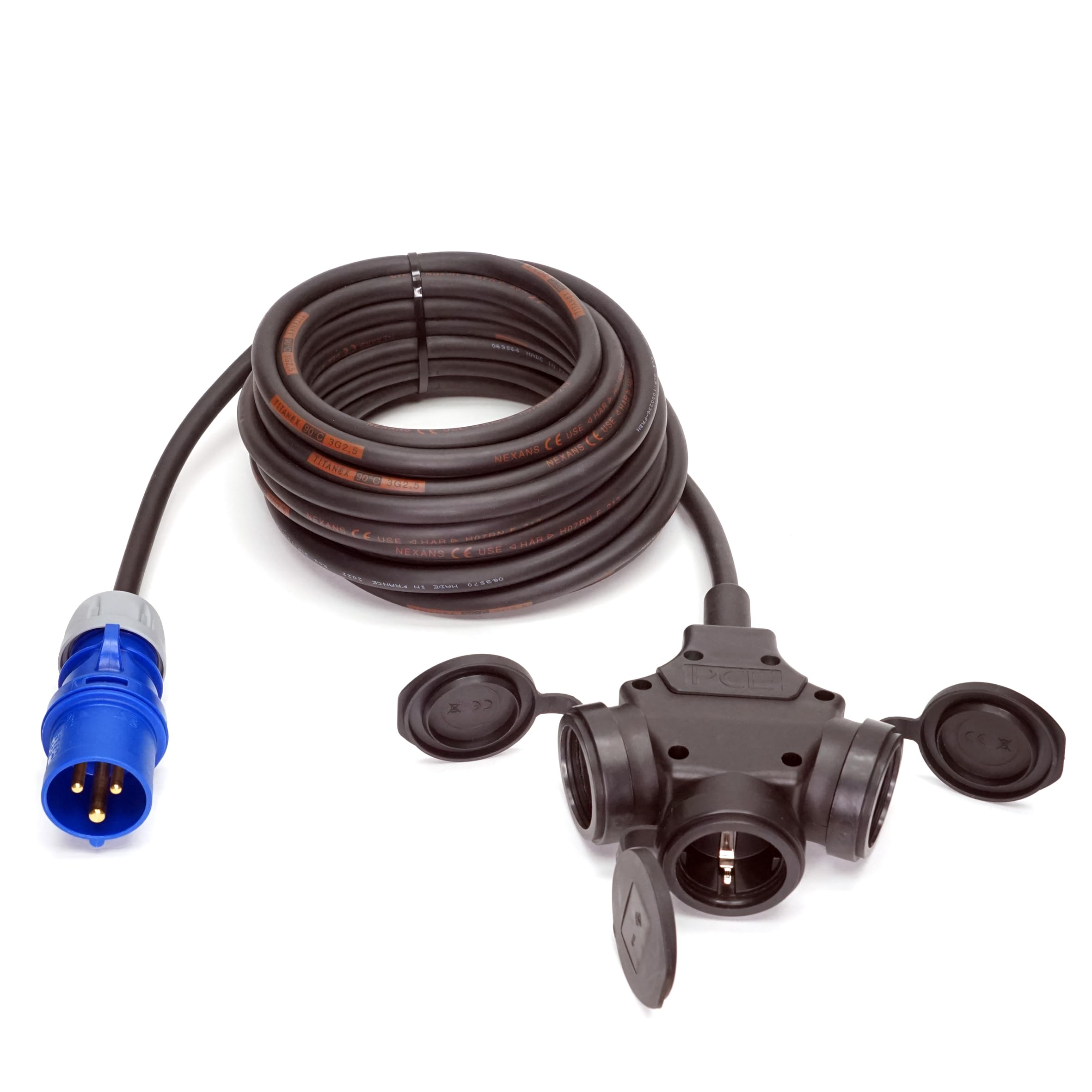 CEE-Stecker auf Schuko-Verteilung 3-Fach (1,5m-50m) 16A Verlängerungskabel Titanex H07RN-F 3x1,5mm² mit PCE Stecker und 3er-Kupplung IP44, Business-Line von Event-Kabel (25 Meter)