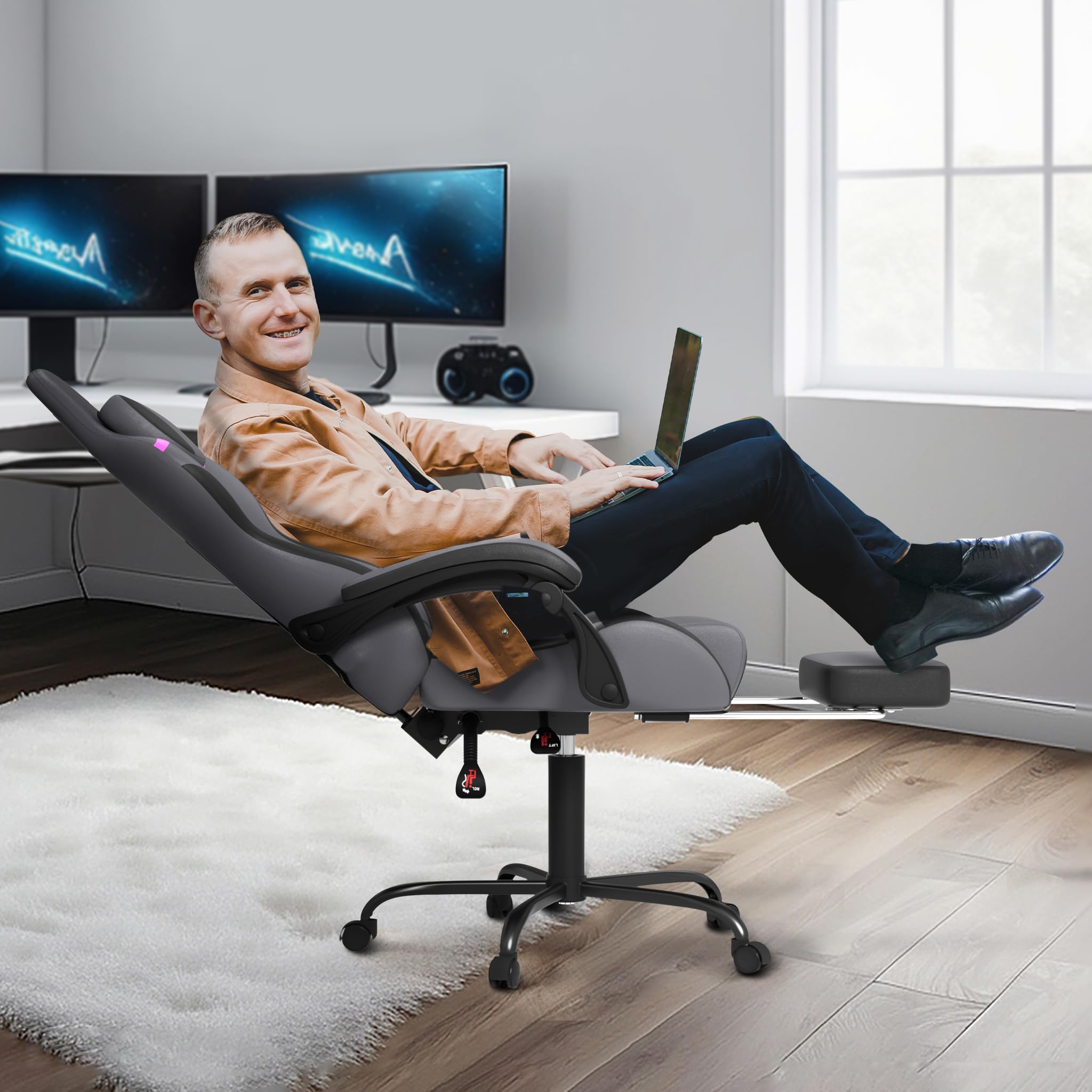 UISEBRT Silla de Gaming Ergonómica con Masaje y Reposapiés, Cómodo Asiento de Gaming Silla de Gaming con Respaldo Ajustable, Reposacabezas y Cojín Lumbar de Masaje - Gris & Negro & Violeta