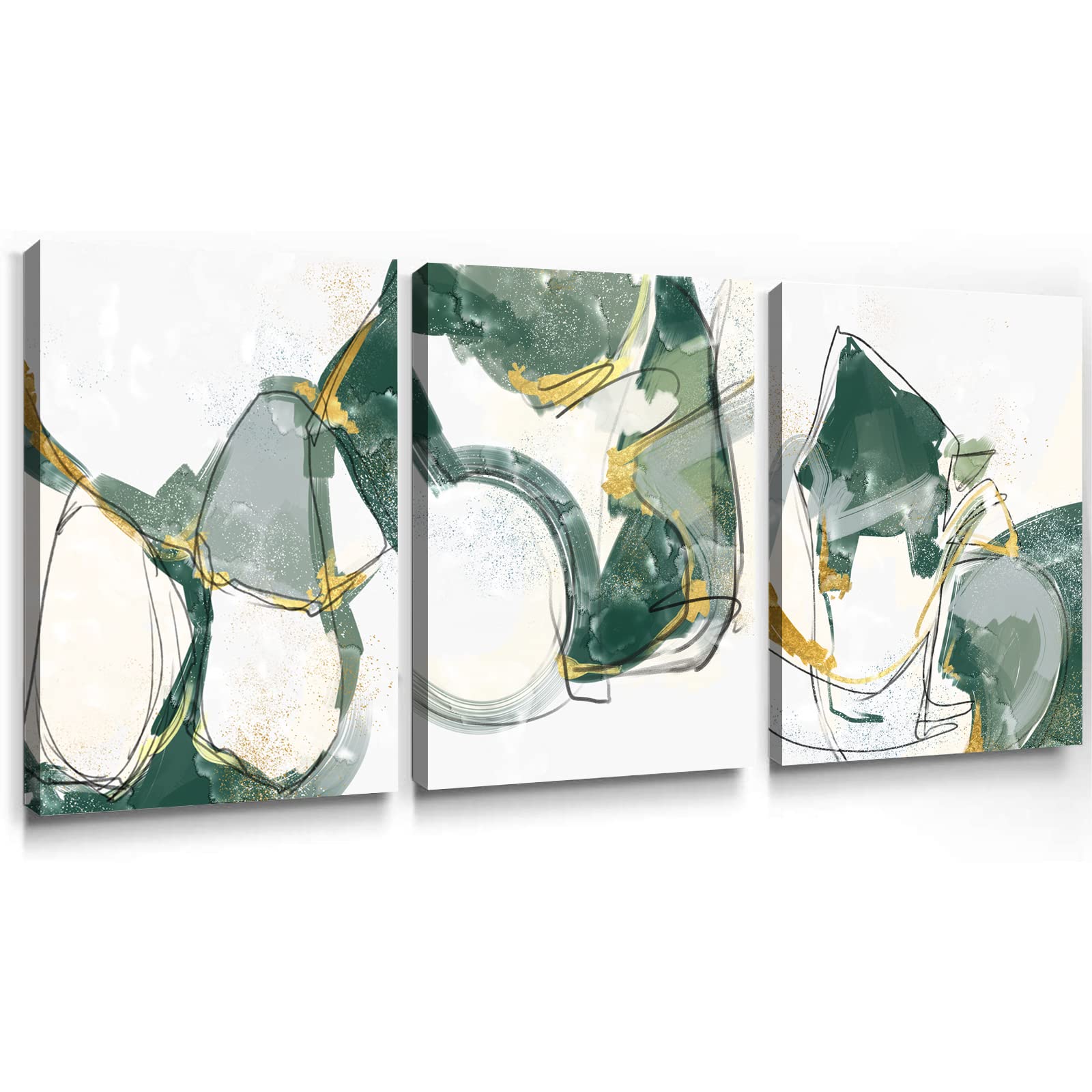 Bfgsrtcbox Green Gold Abstract Wall Art Modern Dark Foil Lines Marble Canvas and White Luxury Painting 16x24inchX3pcs Unframed