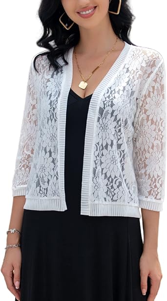 FindThy Womens Floral Lace Shrug Cardigan 3/4 Sleeve Crochet Bolero Jacket