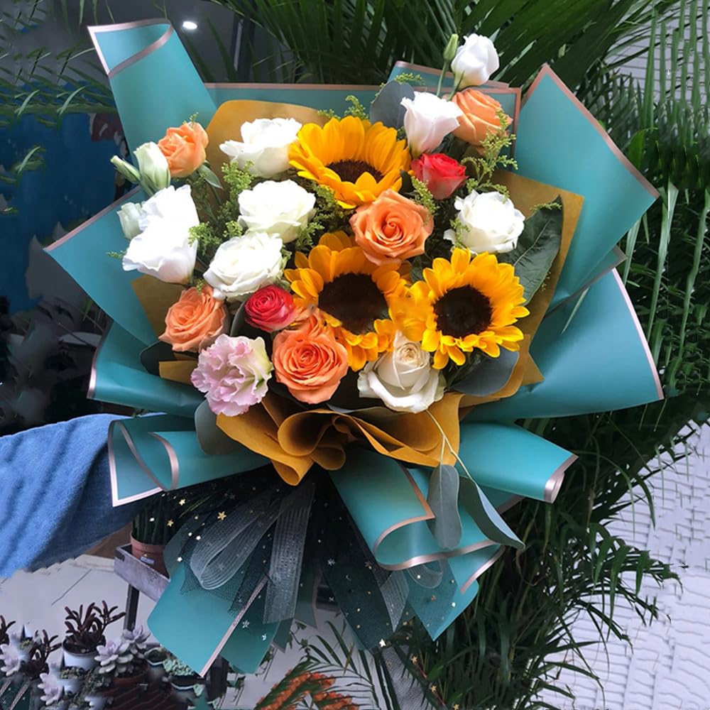Carta Da Regalo Per Fiori Bifacciale – 20 Fogli 55,9x55,9 Cm – Verde Menta E Oro – Impermeabile Per Bouquet