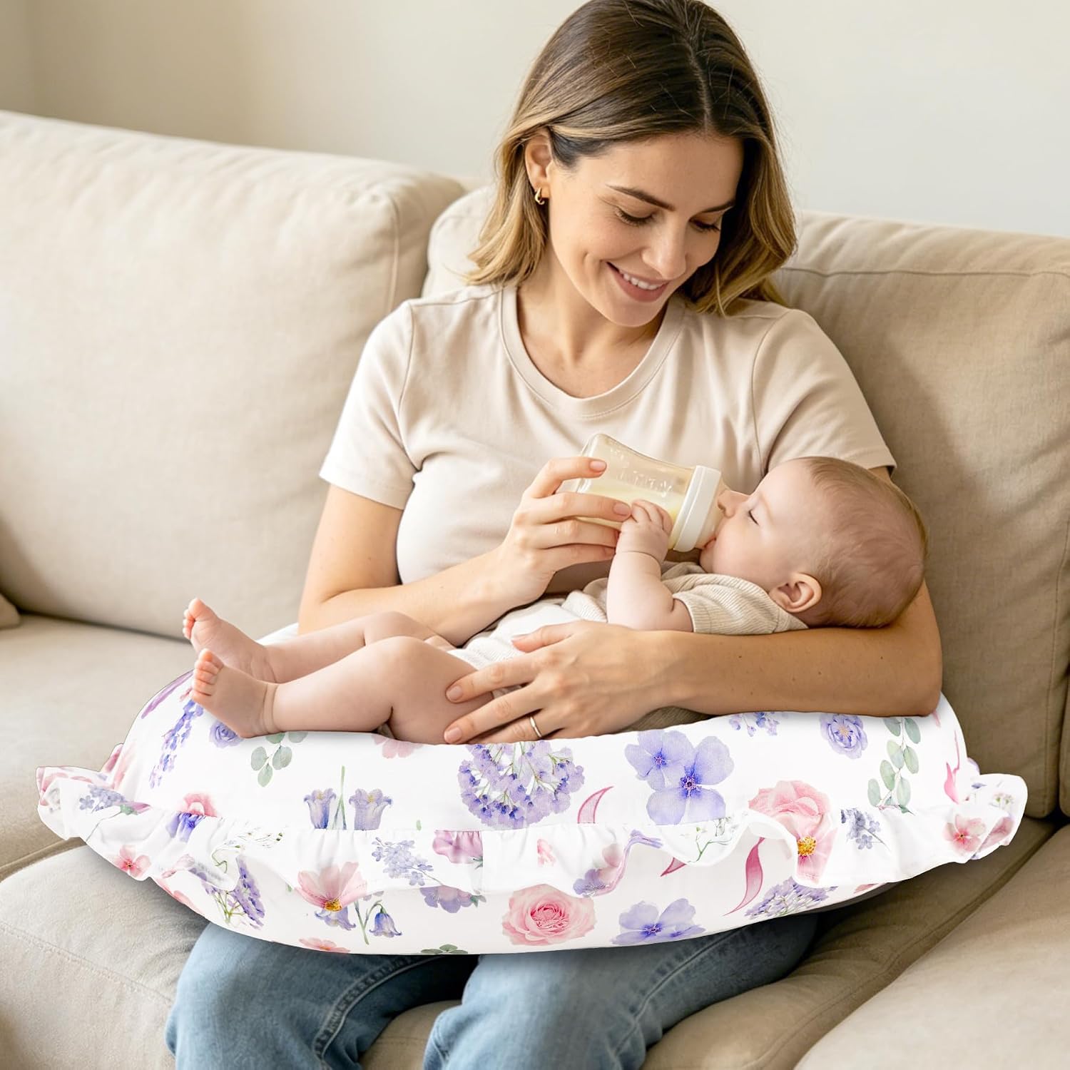 Pea Pod Nursing Pillow Cover, Removable Stretchy Ruffled Pillowcase for Breastfeeding Pillows, Ultra Soft Breathable Pillow Slipcover for Baby Girls and Boys, Compatible with Boppy Pillow, Floral Bows