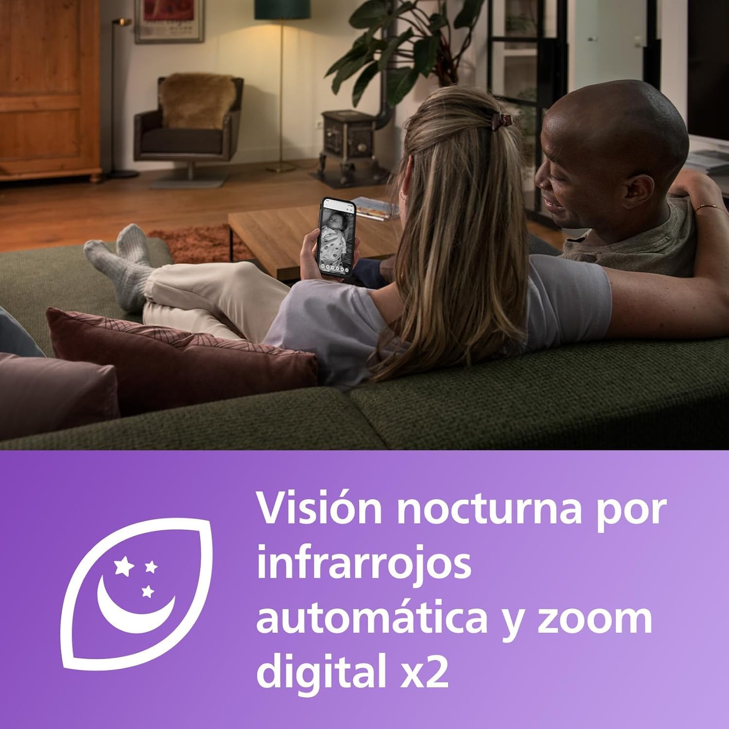 Philips Avent Vigilabebés Conectado con App, cifrado Privado y Seguro, Audio, Zoom 2X, visión Nocturna, activación automática por Voz, intercomunicación Real, Nanas y Ruido Blanco (Modelo SCD643/26)