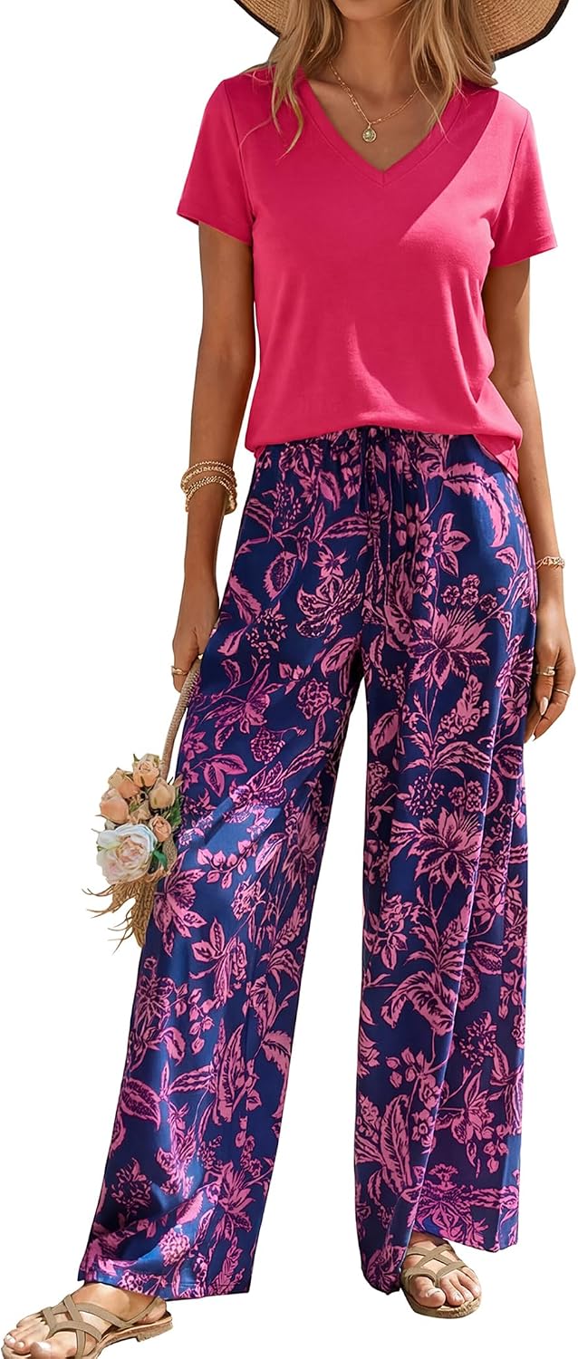 2 Piece Set for Women Summer Outfits Cruise Travel Beach Vacation Lounge Set Short Sleeve V Neck Wide Leg Pants Set