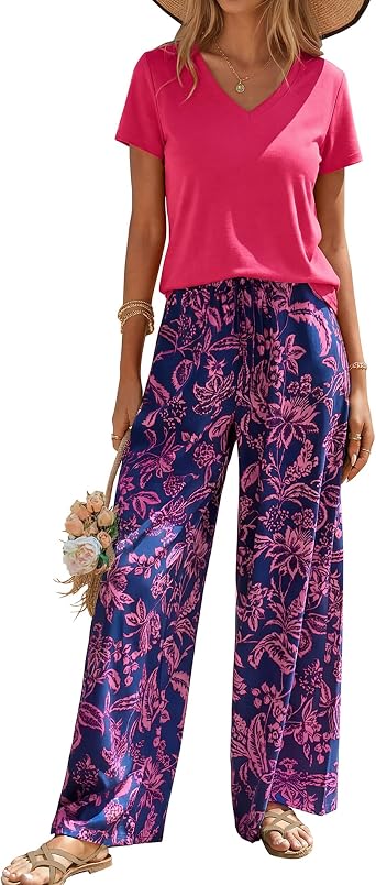 2 Piece Set for Women Summer Outfits Cruise Travel Beach Vacation Lounge Set Short Sleeve V Neck Wide Leg Pants Set
