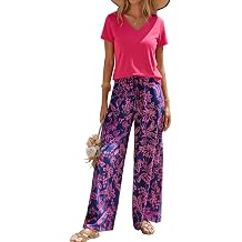 2 Piece Set for Women Summer Outfits Cruise Travel Beach Vacation Lounge Set Short Sleeve V Neck Wide Leg Pants Set