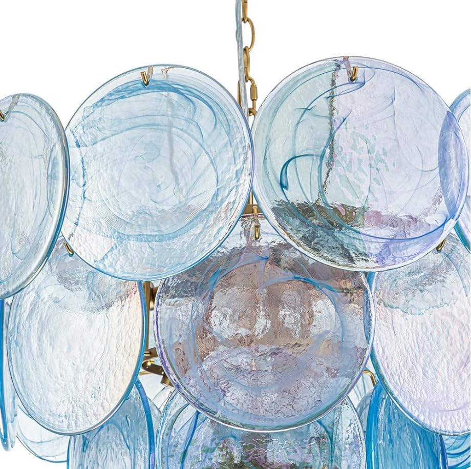 Modern 3/4 Tiered Glass Chandelier Light Fixture– Adjustable Height Art Deco Pendant Light, Hand Blown Glass Chandelier Lighting Dining Room, Entryway, Bedroom (Blue, Small)