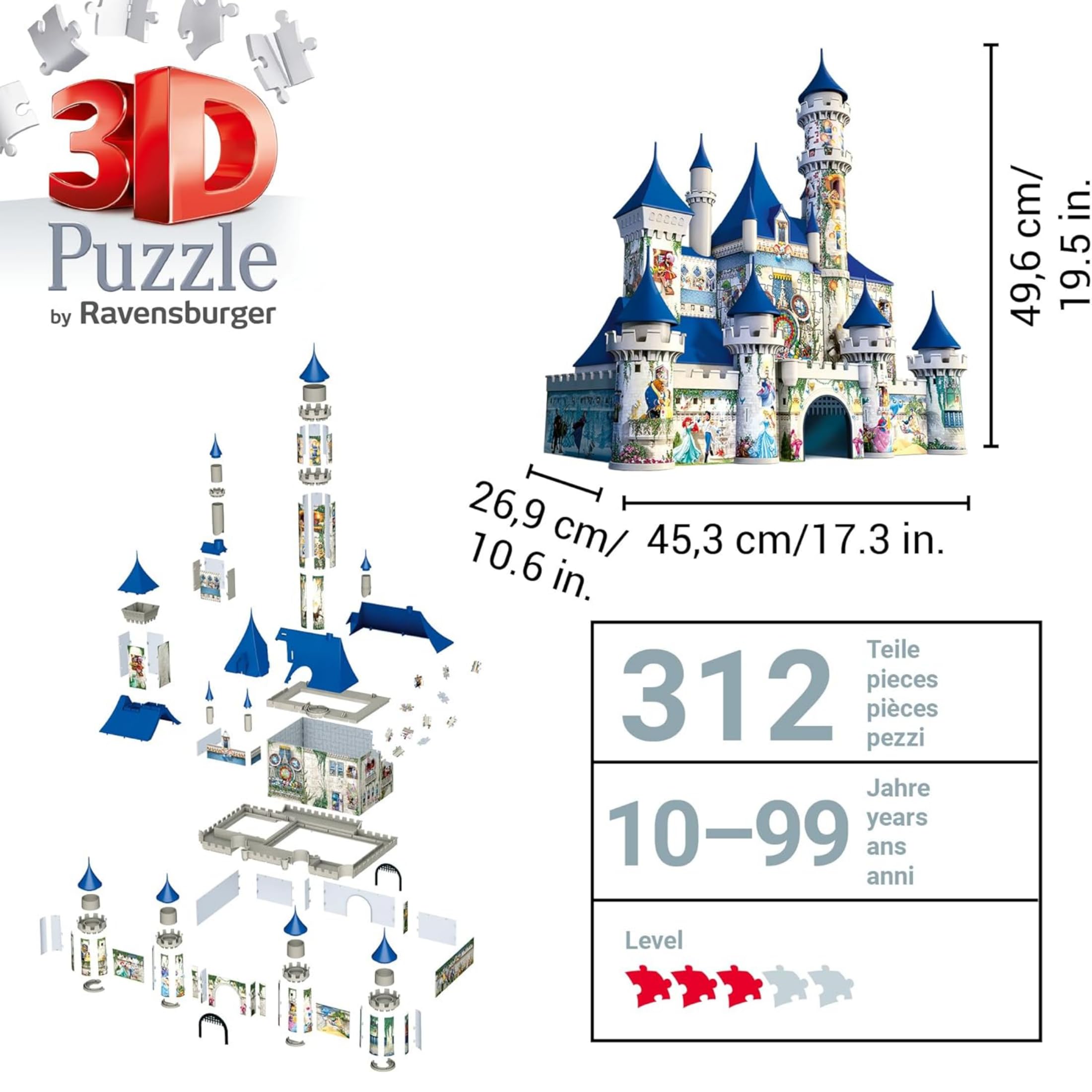 Ravensburger - Puzzle 3D Niños Castillo de Disney | Puzzles 3D para Niños De 10 Años O Más | Maquetas para Montar De 312 Piezas | Regalo Niño 10 Años O Más | Puzzle 3D Castillo Disney de 312 piezas, maqueta para montar para niños +10 años, ideal como rega