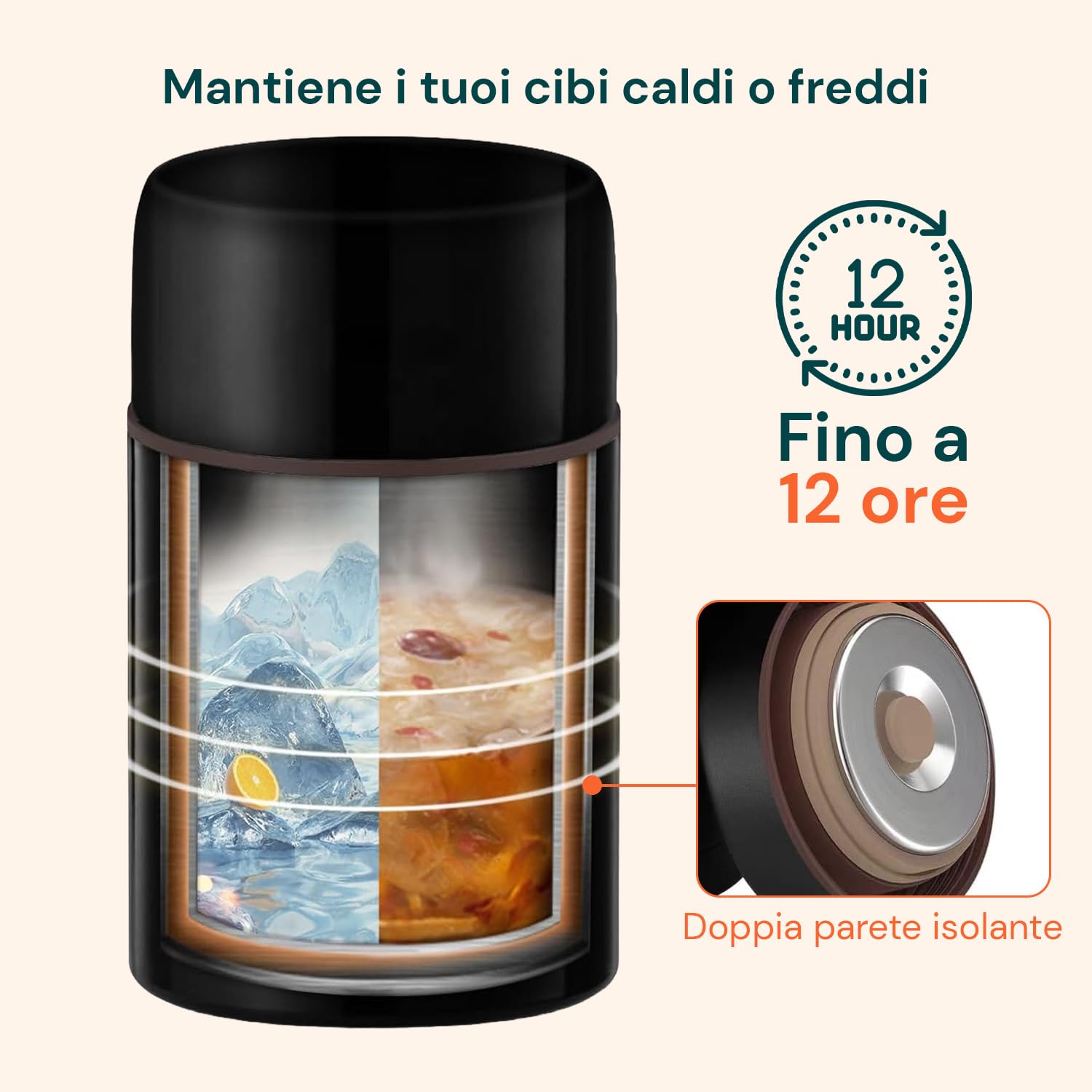 Avilia - Porta Pranzo Termico 1200 ml in Acciaio Inox con Borsa Isotermica e Cucchiaio Pieghevole, Lunch Box Ermetico per Alimenti Caldi e Freddi, Facile da Pulire e Ideale per Ufficio, Scuola o Viagg
