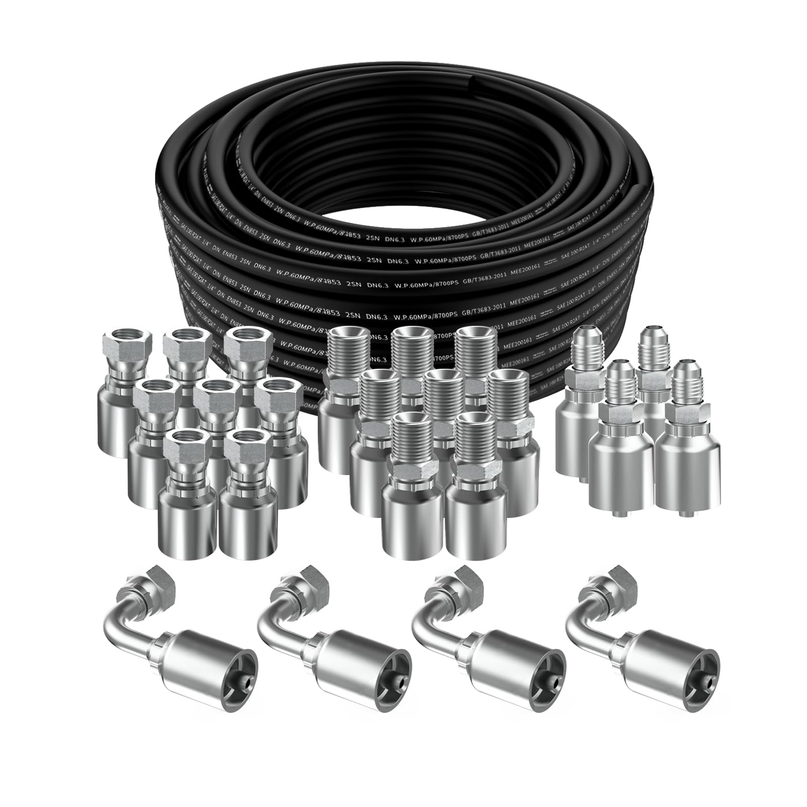 100Ft 1/4 Hydraulic Hose with 24Pcs 1/4" NPTF Male &amp; 1/4inch JIC 37° Female &amp; Male &amp; Female 90° Elbow Hydraulic Hose Fittings W.P.60MPa / 8700PSI