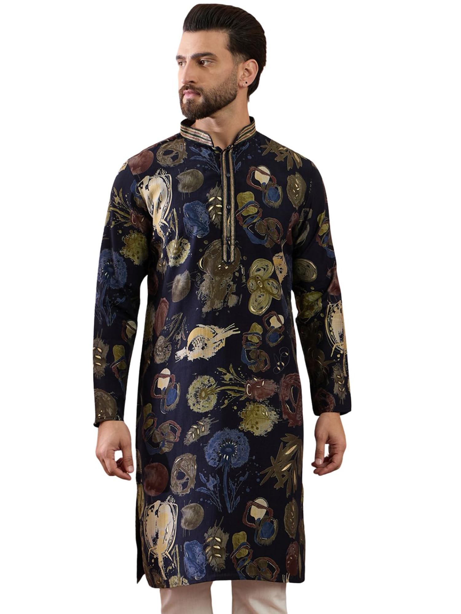 Men's Navy Blue Silk Blend Printed Floral Calf Length Kurtas | Men | Floral Kurtas for Mens | Straight Fit Kurta for Men's-image-24