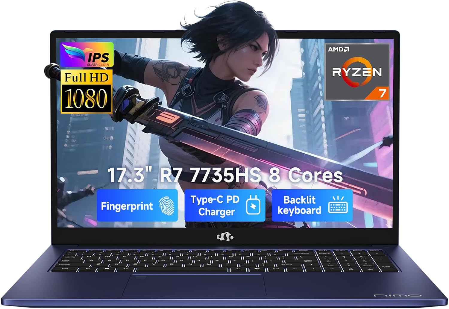 NIMO 17.3" Laptop, AMD Ryzen 7 7735HS (8C/16T, up to 4.75GHz), 16GB DDR5 RAM, 512GB PCIe 4.0 SSD, 100W PD Fast Charging, FHD Anti-Glare Display, Fingerprint, Backlit KB w/Numpad, WiFi 6, Win 11