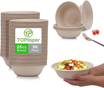 TOPtoper 25Oz 50Pack Large Paper Bowls, Disposable Bowls Bulk Leakproof and Microwave Safe for Hot or Cold Use 25 OZ