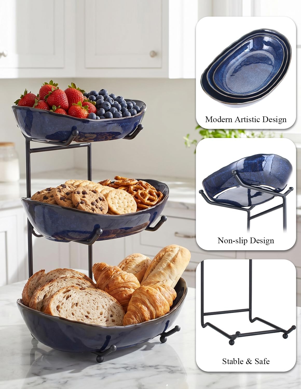 3 Tier Ceramic Fruit Basket for Kitchen Counter with Metal Stand