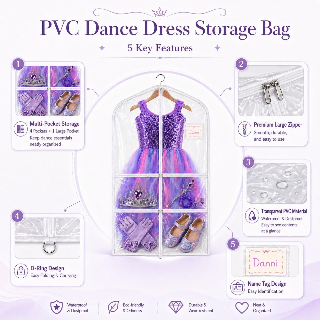40" Clear PVC Garment Bag,5 Individual Pockets,Metal Zipper,Name Tag,1 Pack